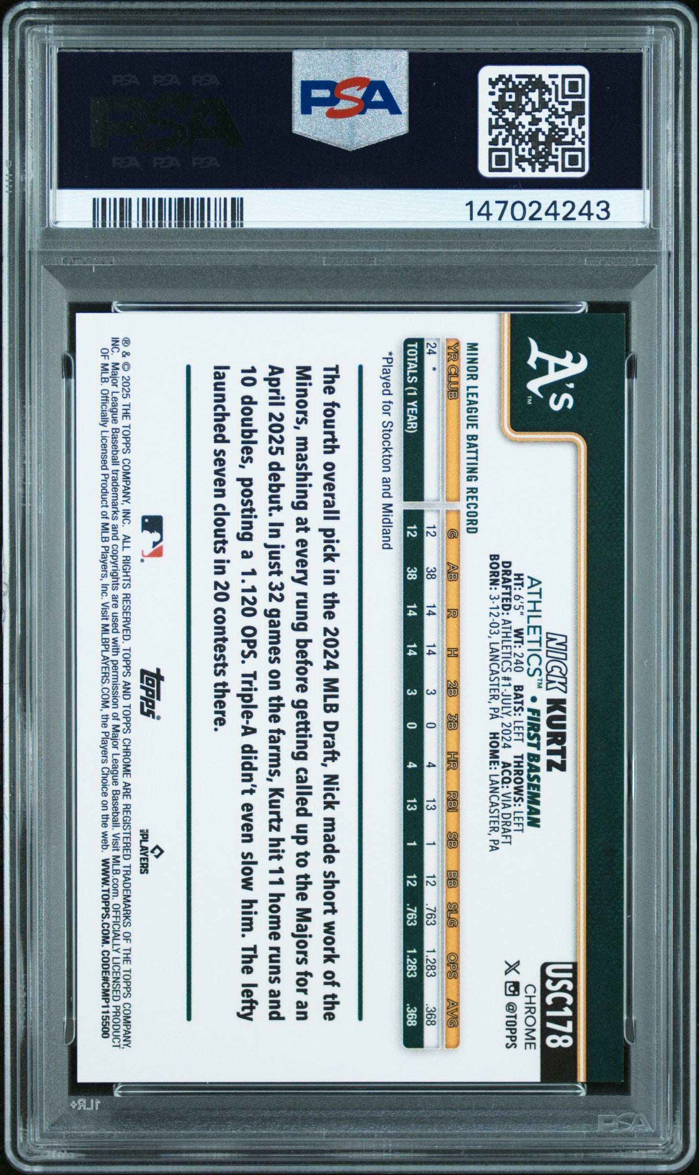 Nick Kurtz 2025 Topps Chrome Update #US178 Black Refractor #2/10 PSA 9 Mint
