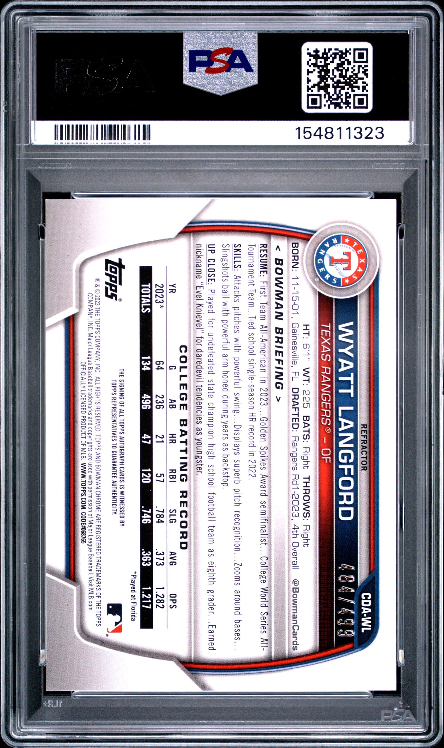 Wyatt Langford 2023 Bowman Chrome Draft Refractor Auto #484/499 PSA 10 Gem Mint
