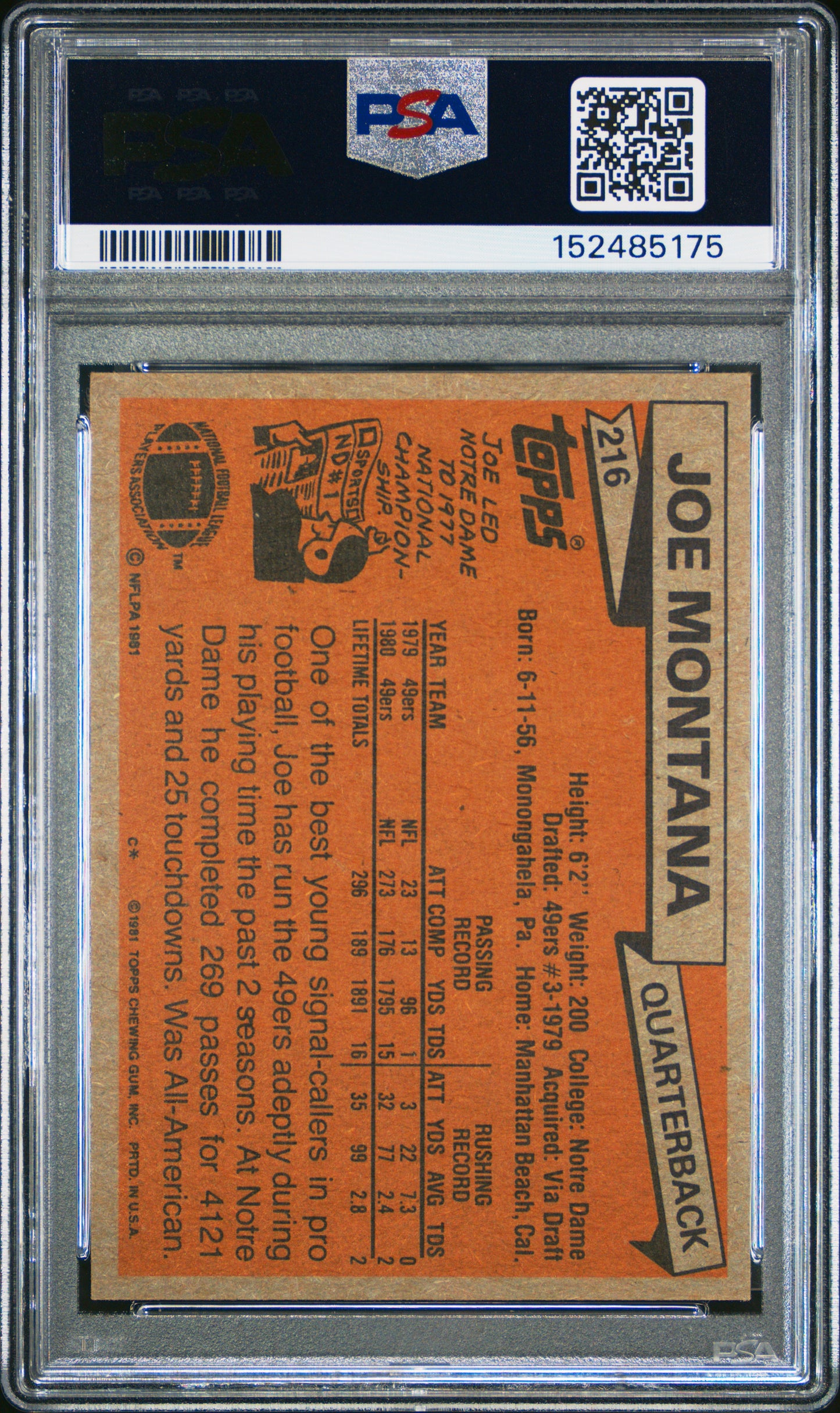 Joe Montana 1981 Topps Rookie #216 PSA 6 Ex-Mint 5175