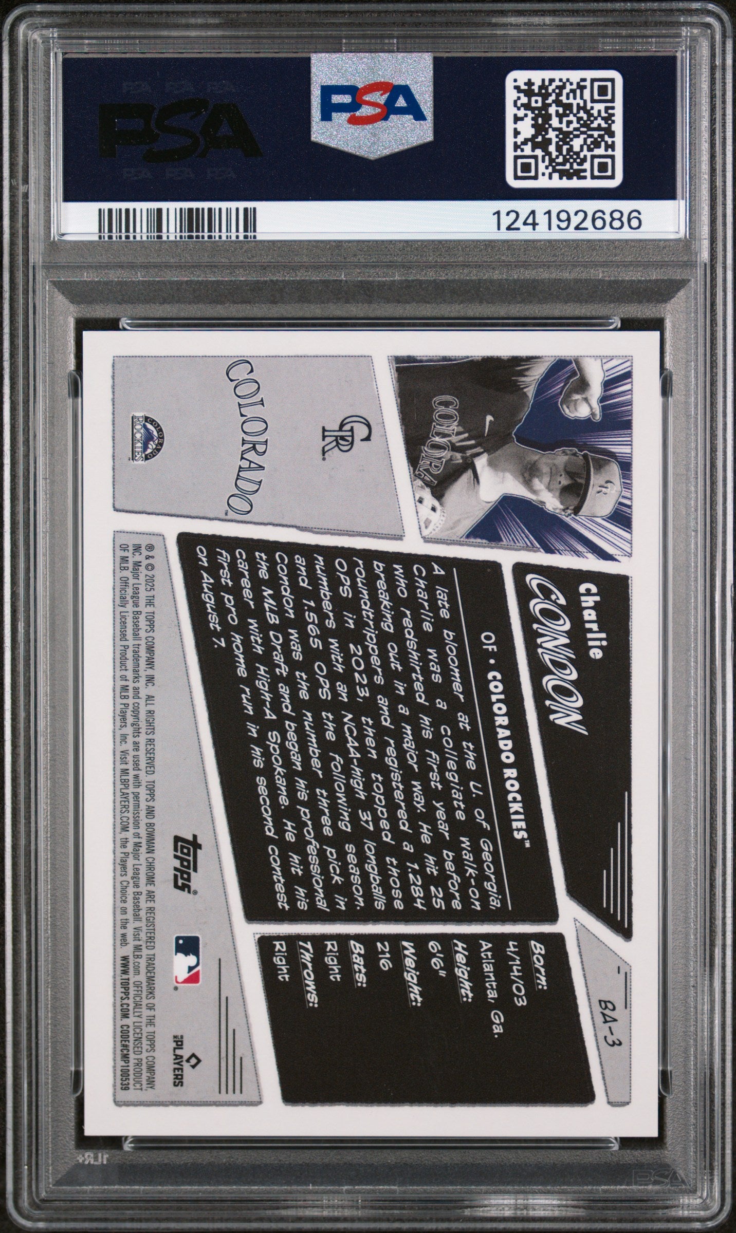 Charlie Condon 2025 Bowman Anime #BA3 PSA 9 Mint
