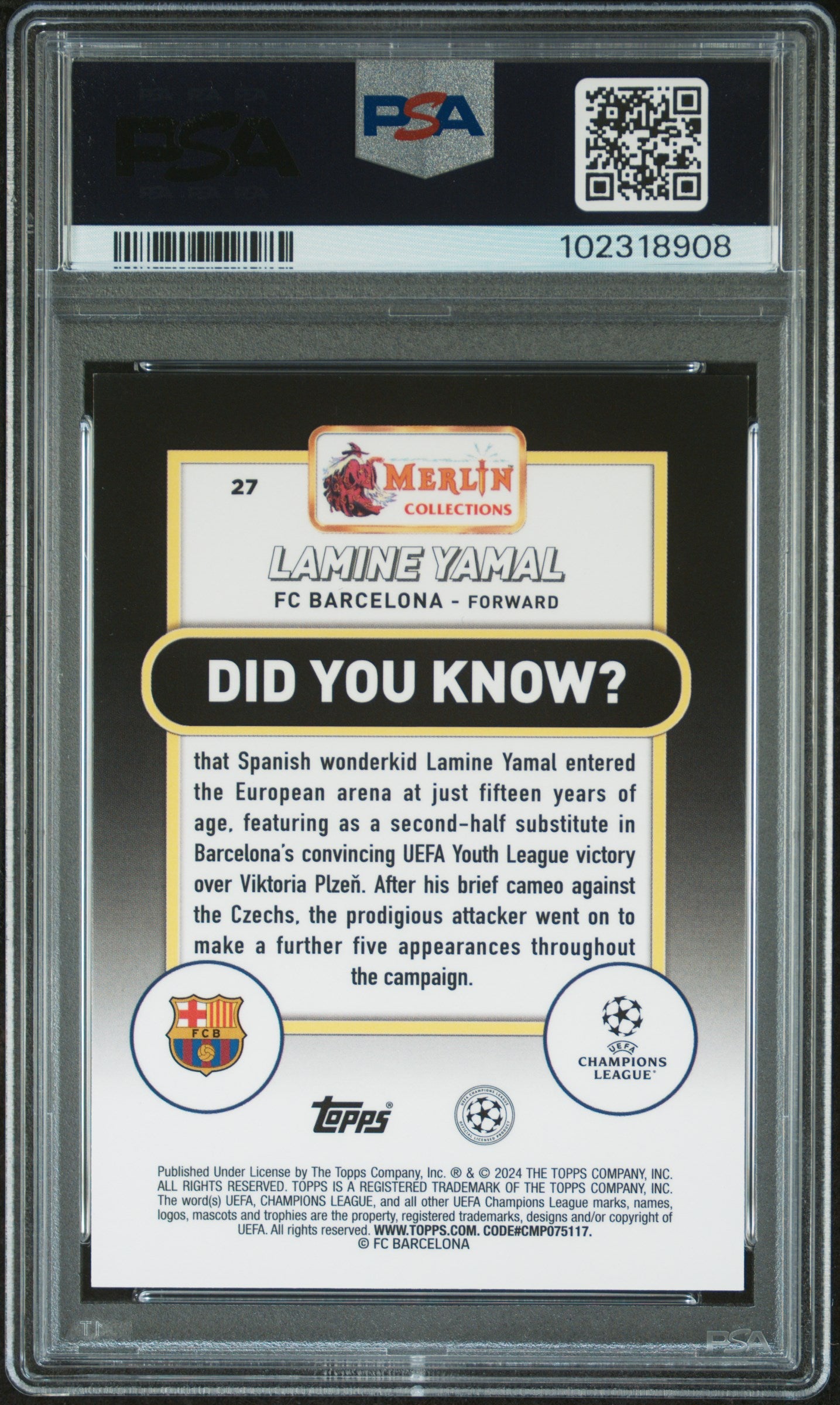 Lamine Yamal 2023 Topps Merlin UCC #27 Blue Shimmer PSA 9 Mint