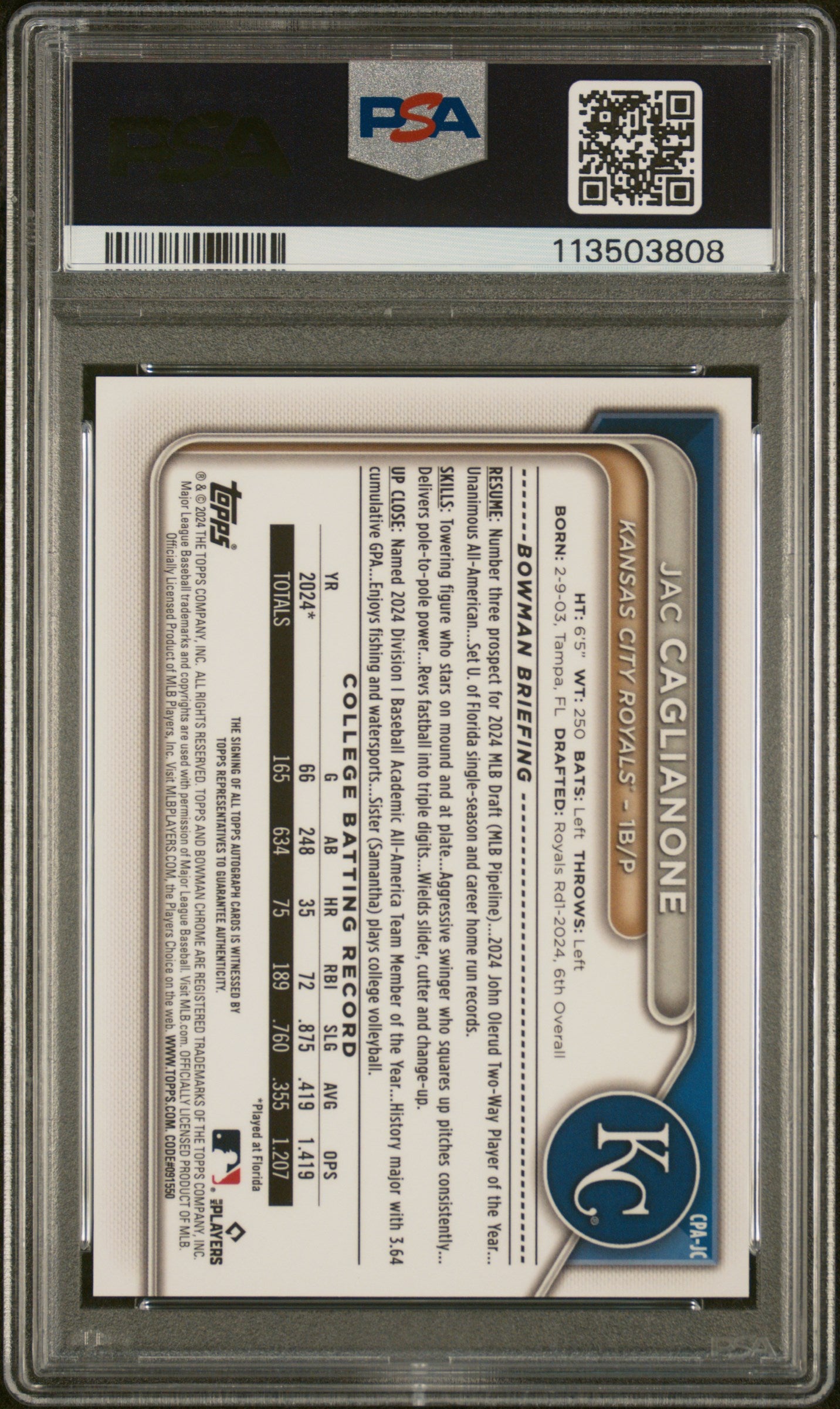 Jac Caglianone 2024 Bowman Draft Auto PSA 9 Mint 3808