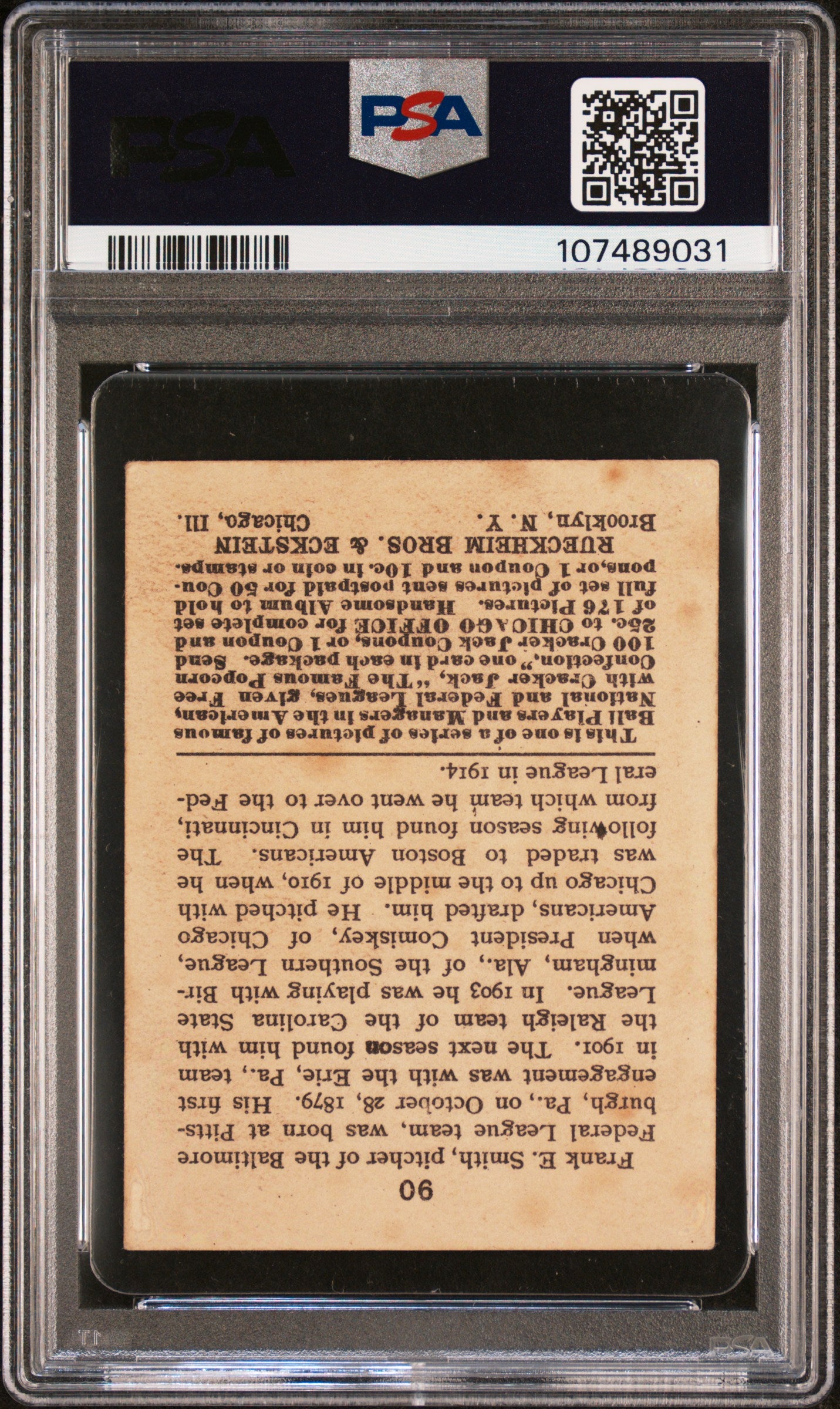 Frank Smith 1915 Cracker Jack #90 PSA 1.5 Fair