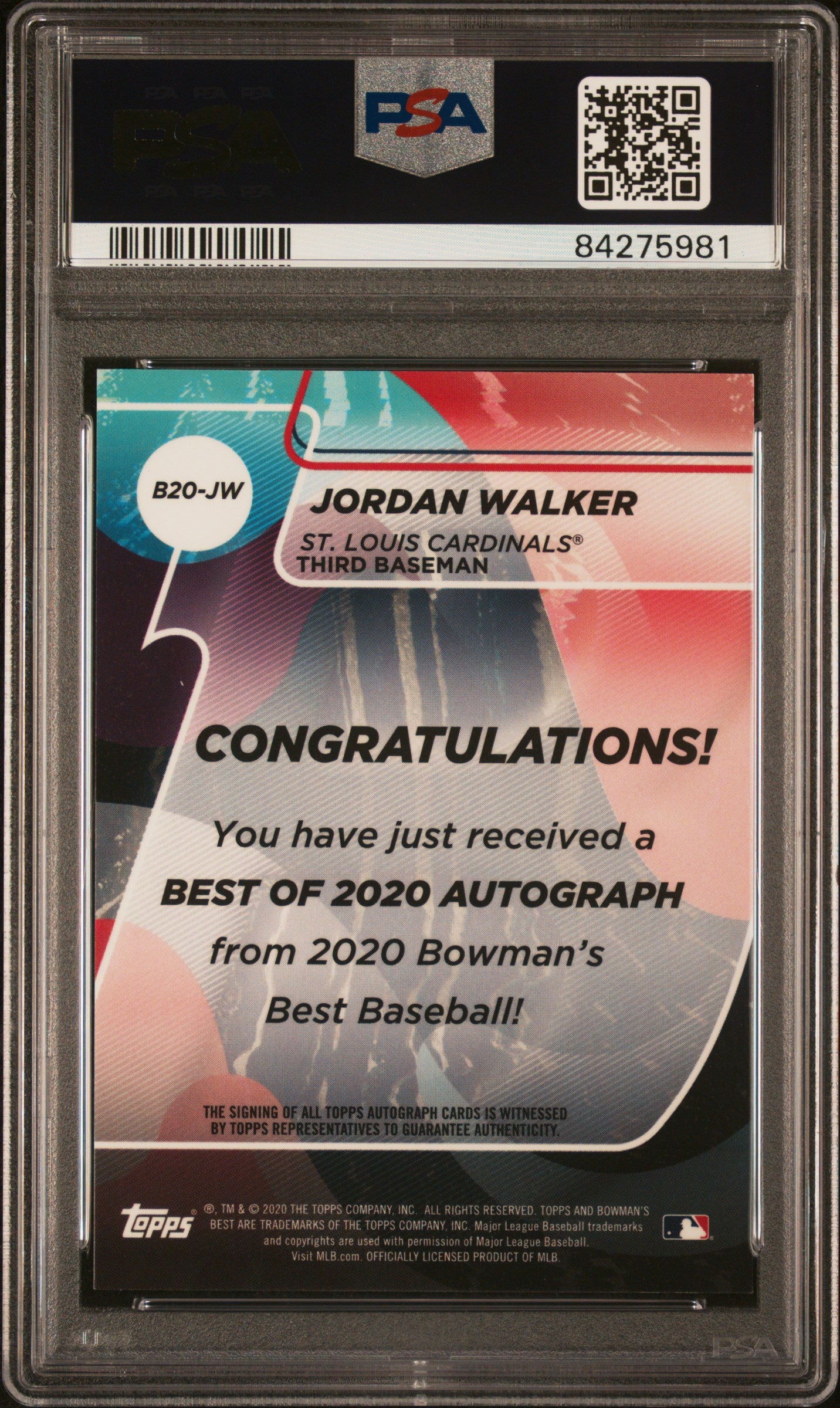 Jordan Walker 2020 Bowmans Best Blue Refractor Auto #2/150 PSA 10 Auto 10