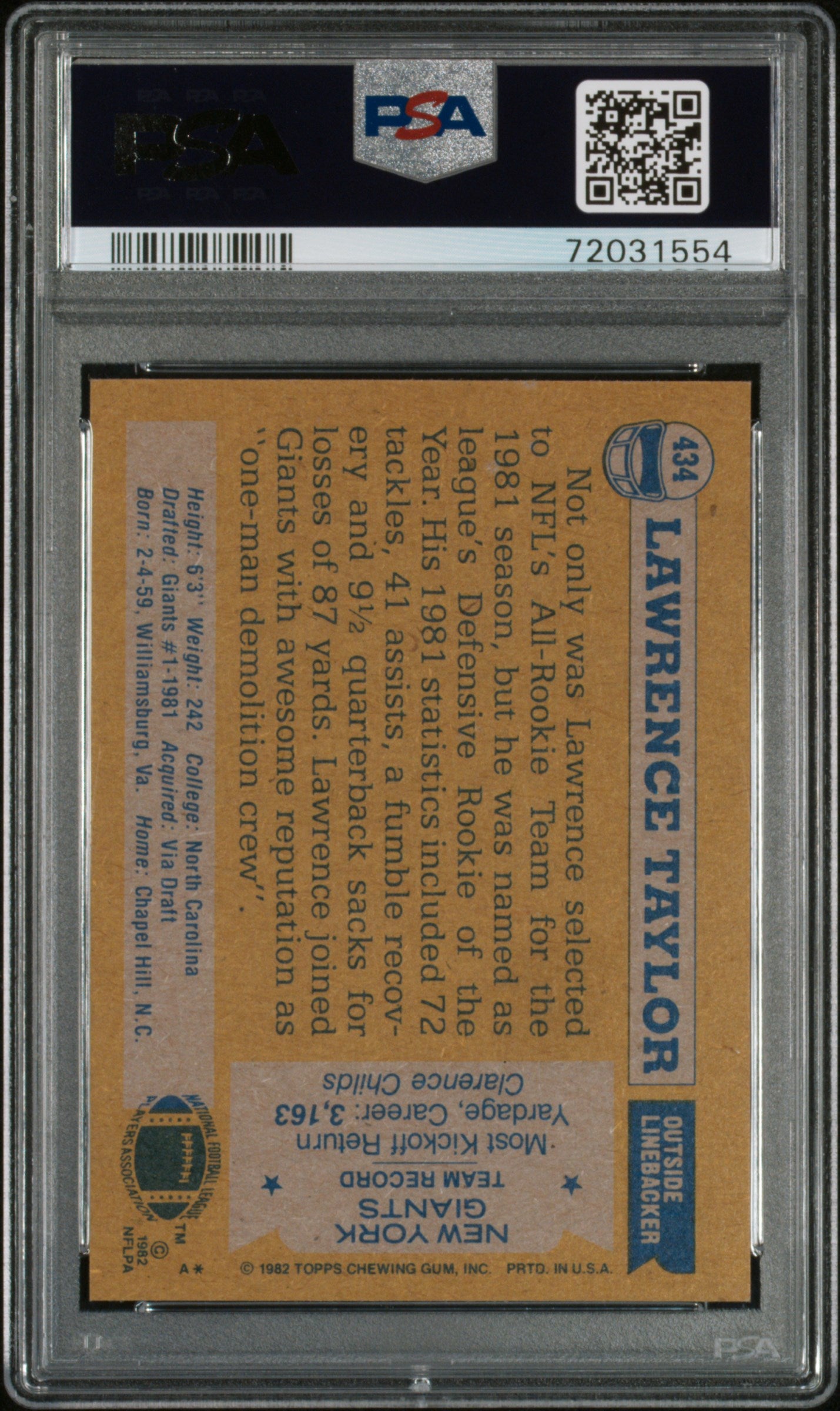 Lawrence Taylor 1982 Topps #434 PSA 8 Nm-Mint
