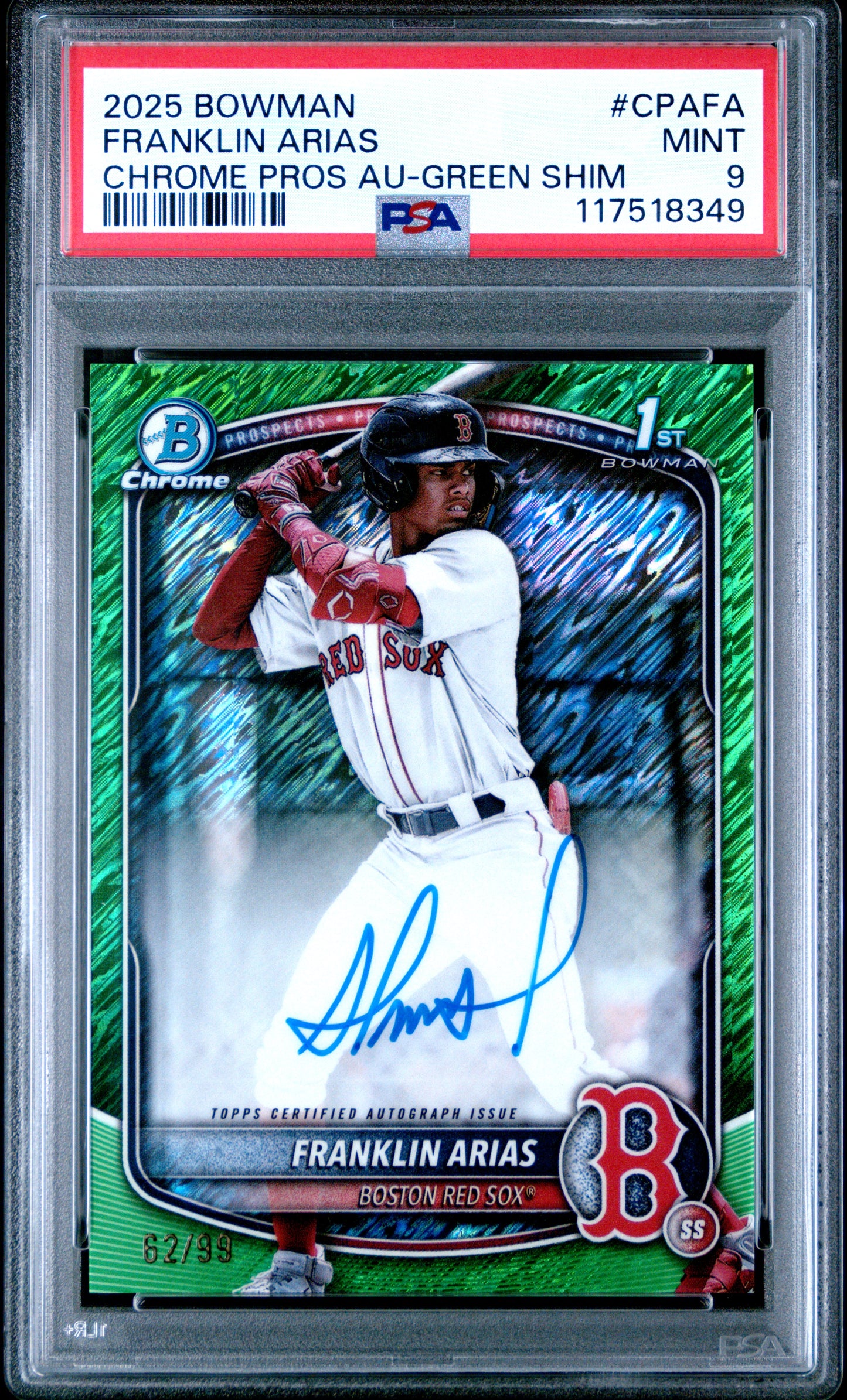 Franklin Arias 2025 Bowman Green Shimmer Auto #62/99 PSA 9 Mint