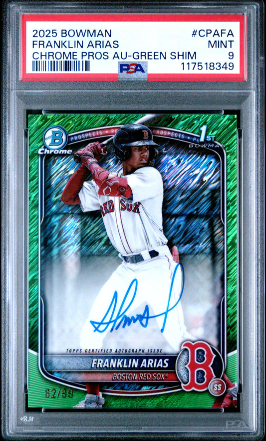 Franklin Arias 2025 Bowman Green Shimmer Auto #62/99 PSA 9 Mint