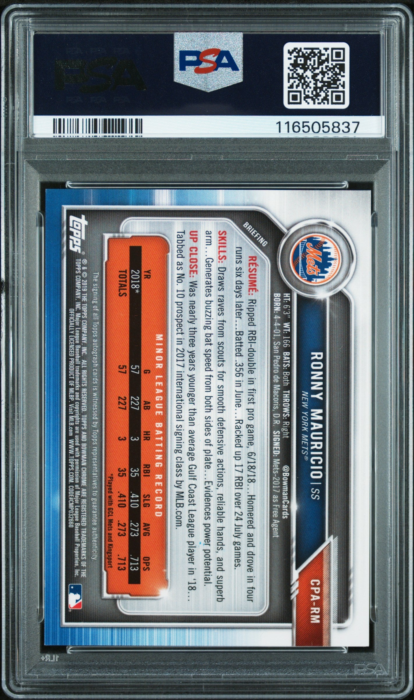 Ronny Mauricio 2019 Bowman Chrome Purple Refractor Auto #250/250 PSA 9 Auto 10