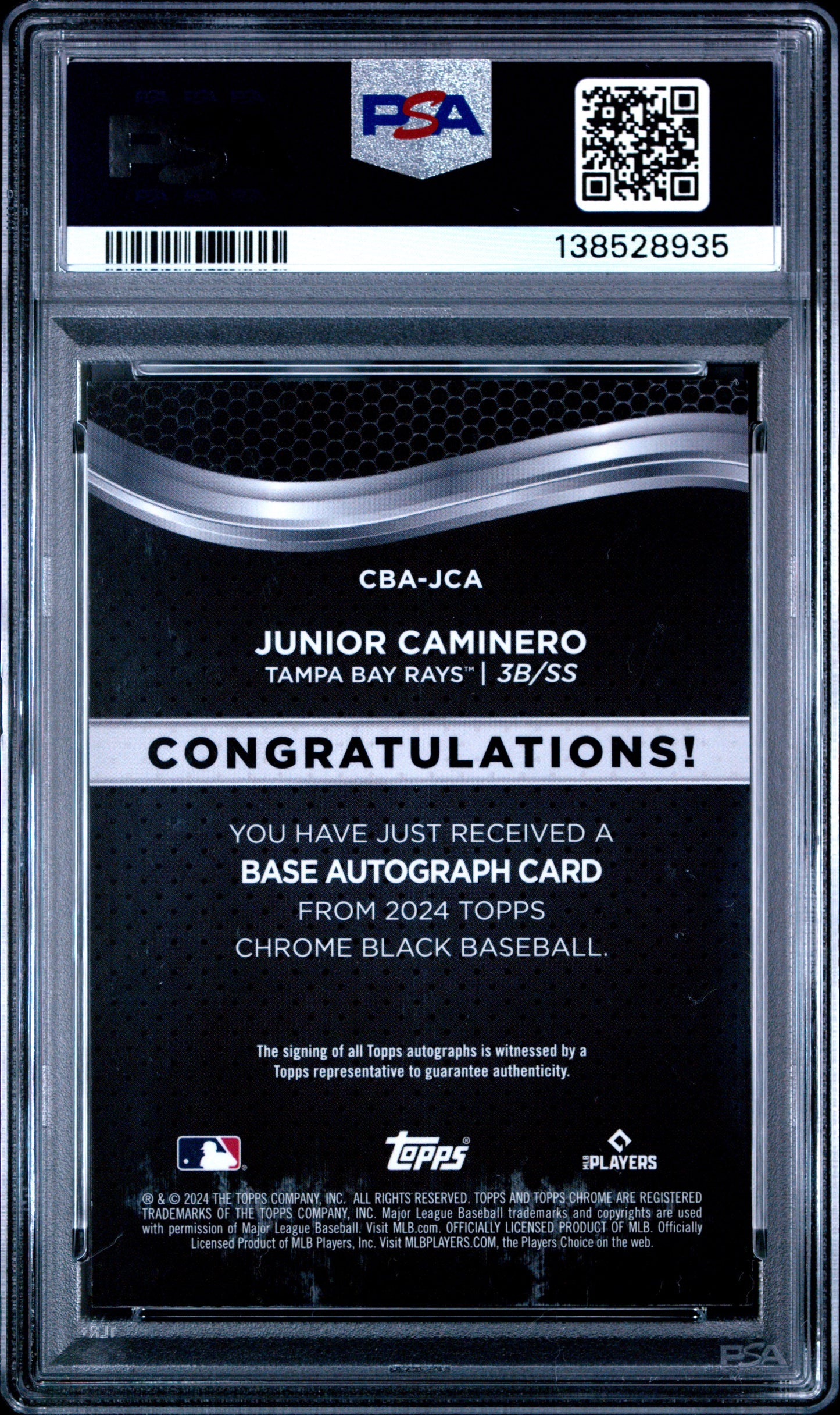 Junior Caminero 2024 Topps Chrome Black Rookie Autograph PSA 10 Gem Mint