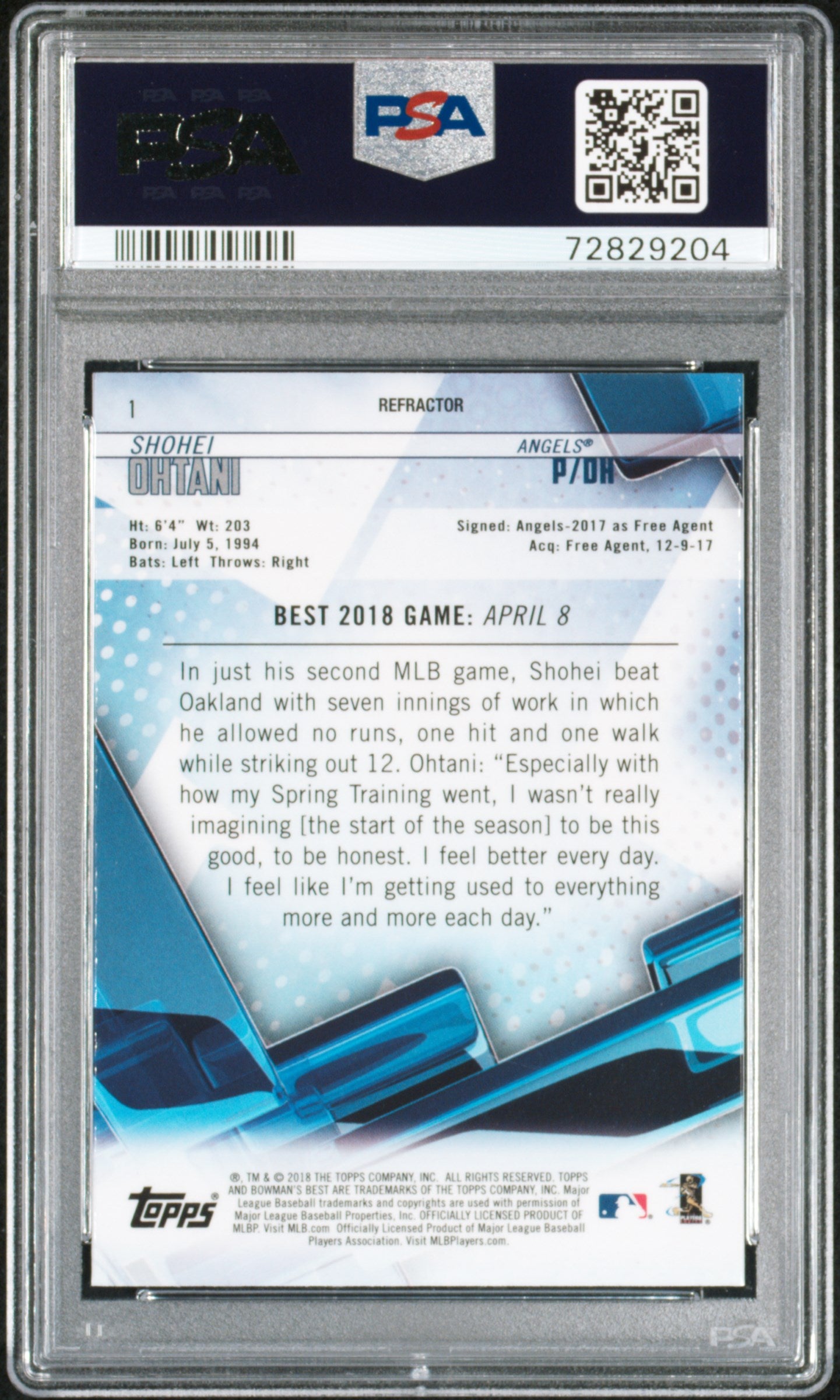 Shohei Ohtani 2018 Bowmans Best Refractor Rookie #1 PSA 10 Gem Mint