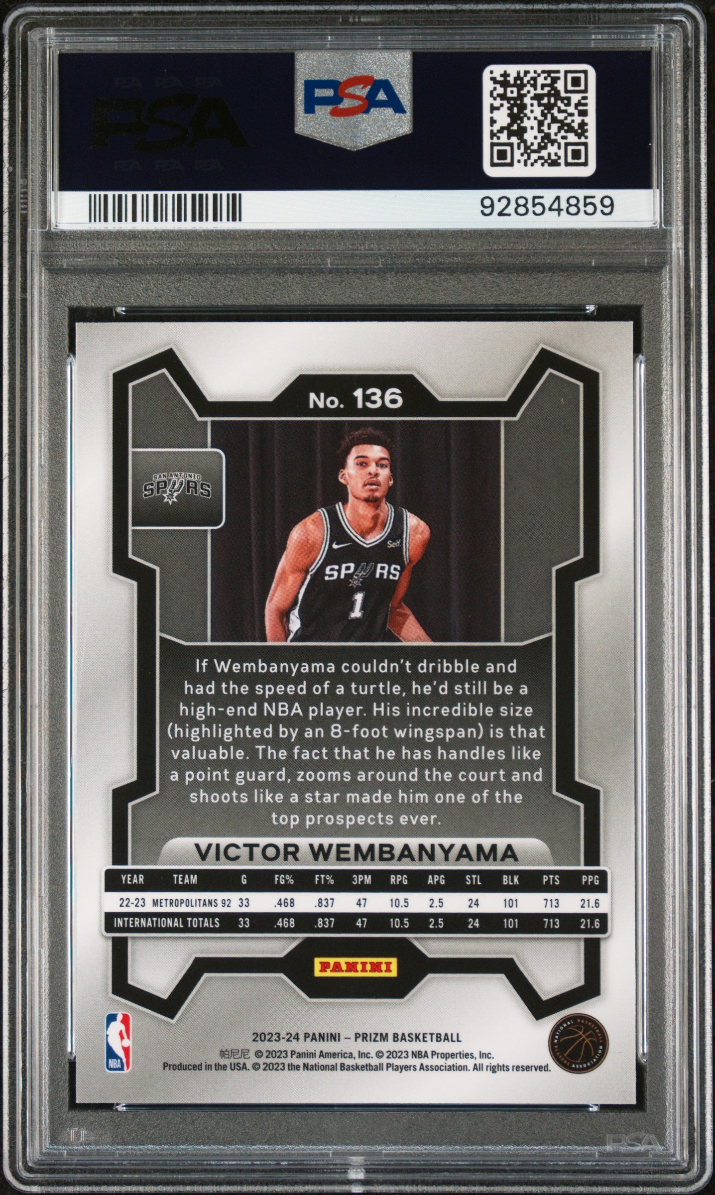 Victor Wembanyama 2023 Panini PRizm Rookie #136 PSA 10 Gem Mint 4859