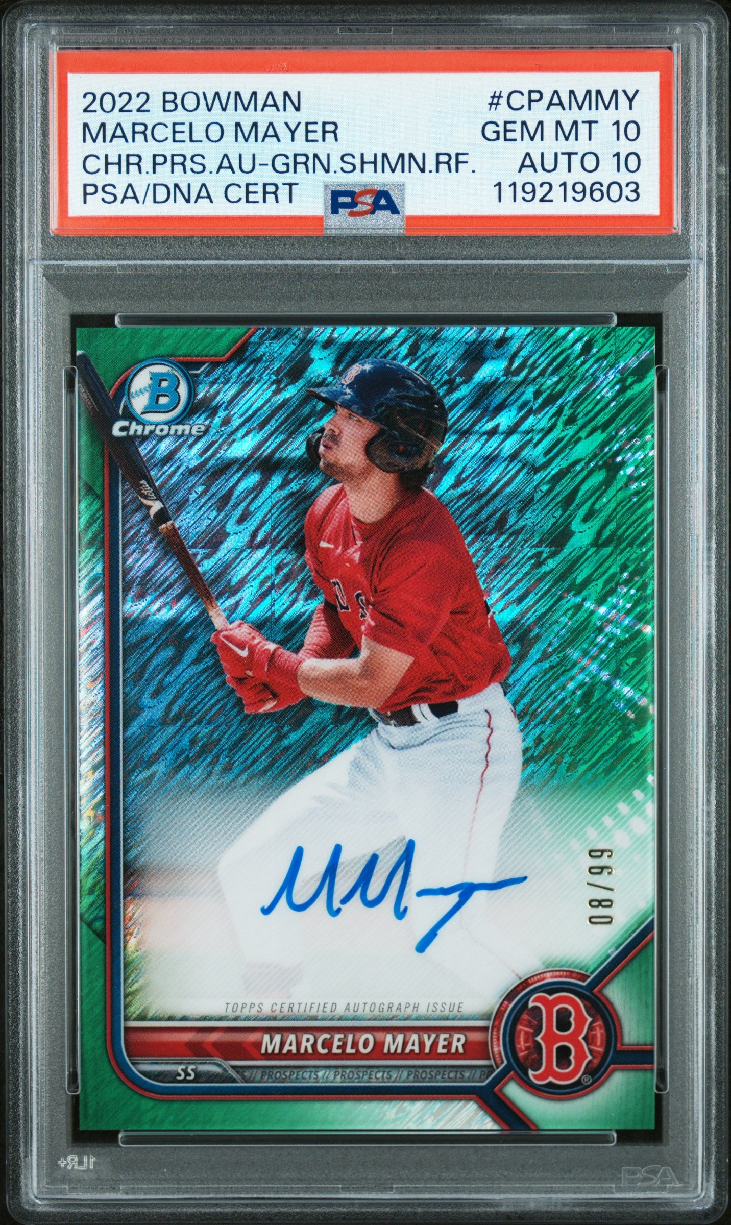 Marcelo Mayer 2022 Bowman Chrome Green Shimmer Refractor Auto #8/99 PSA 10 Auto 10
