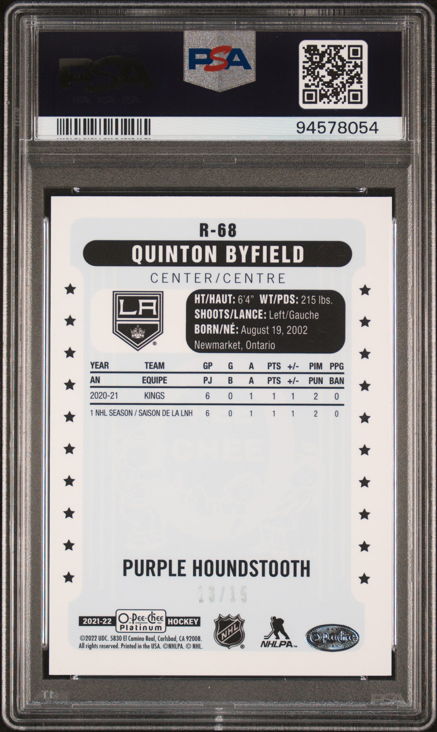 Quinton Byfield 2021 OPC Platinum Retro Purple Houndstooth #13/15 PSA 8 Nm-Mint