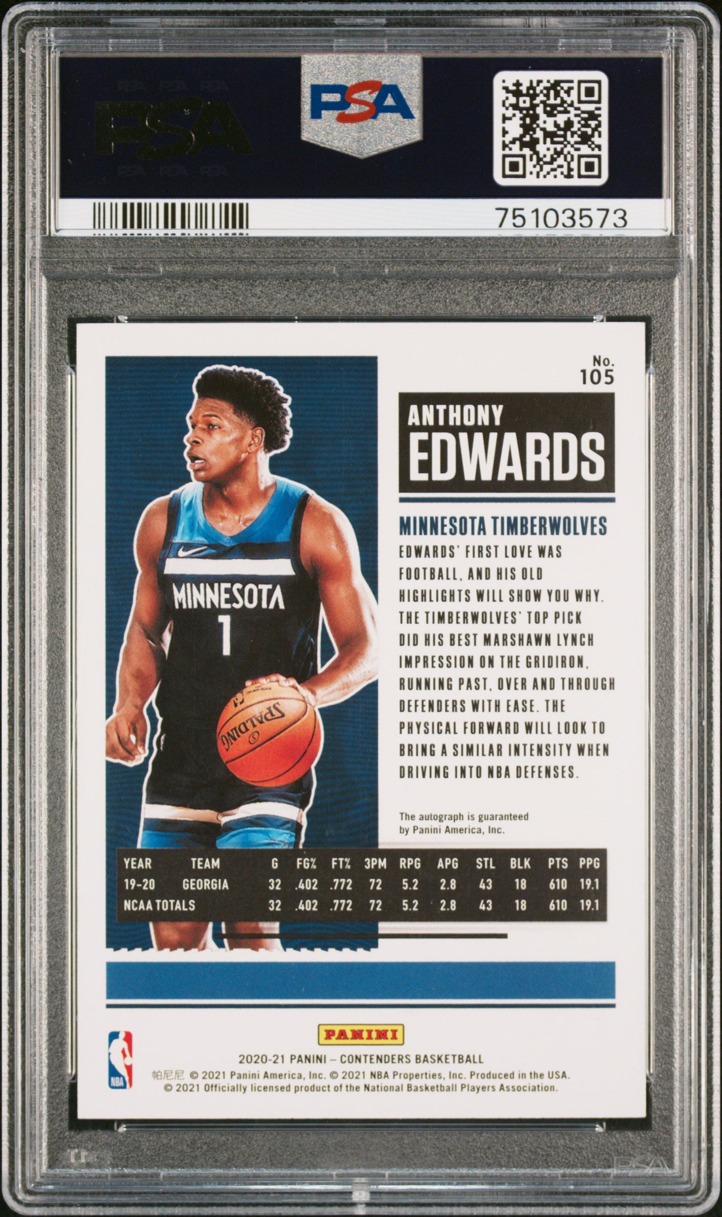 Anthony Edwards 2020 Panini Contenders Rookie Auto #105 PSA 9 Mint