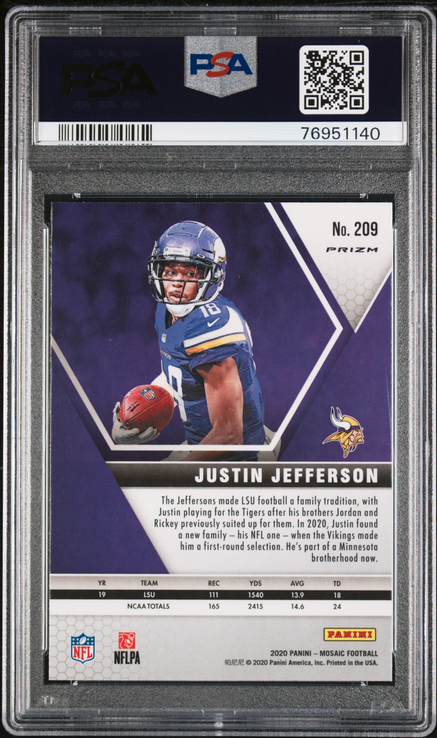 Justin Jefferson 2020 Panini Mosaic Reactive Green Rookie #209 PSA 10 Gem Mint 1140