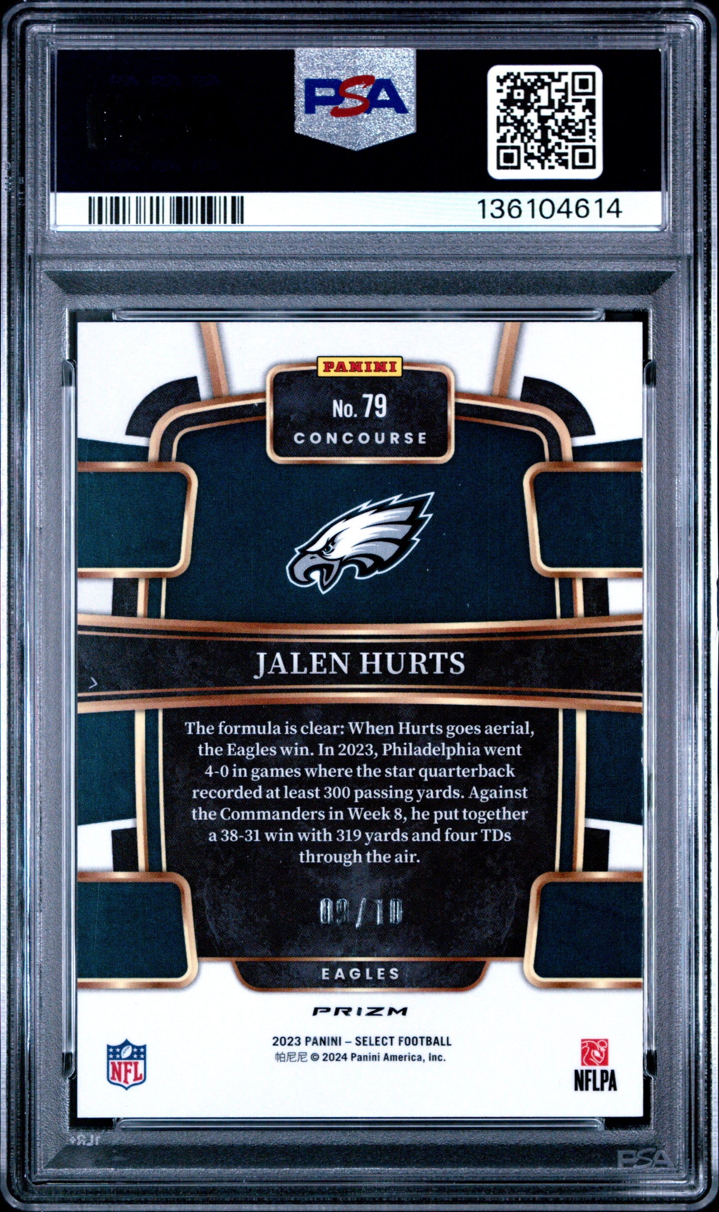 Jalen Hurts 2923 Panini Select #79 Gold Prizm #9/10 PSA 10 Gem Mint