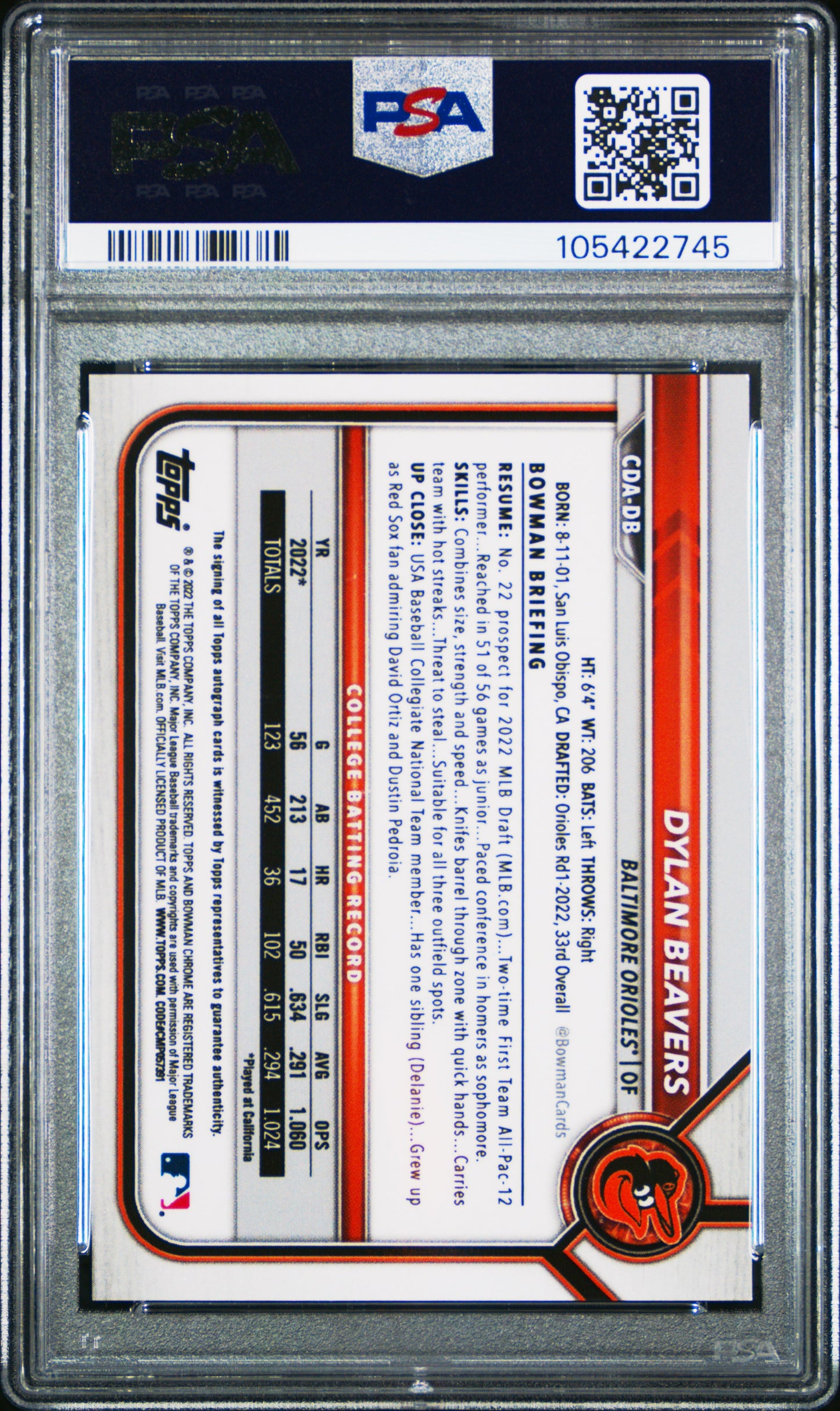 Dylan Beavers 2022 Bowman Draft Chrome Auto Blue Refractor #96/150 PSA 10 Gem Mint