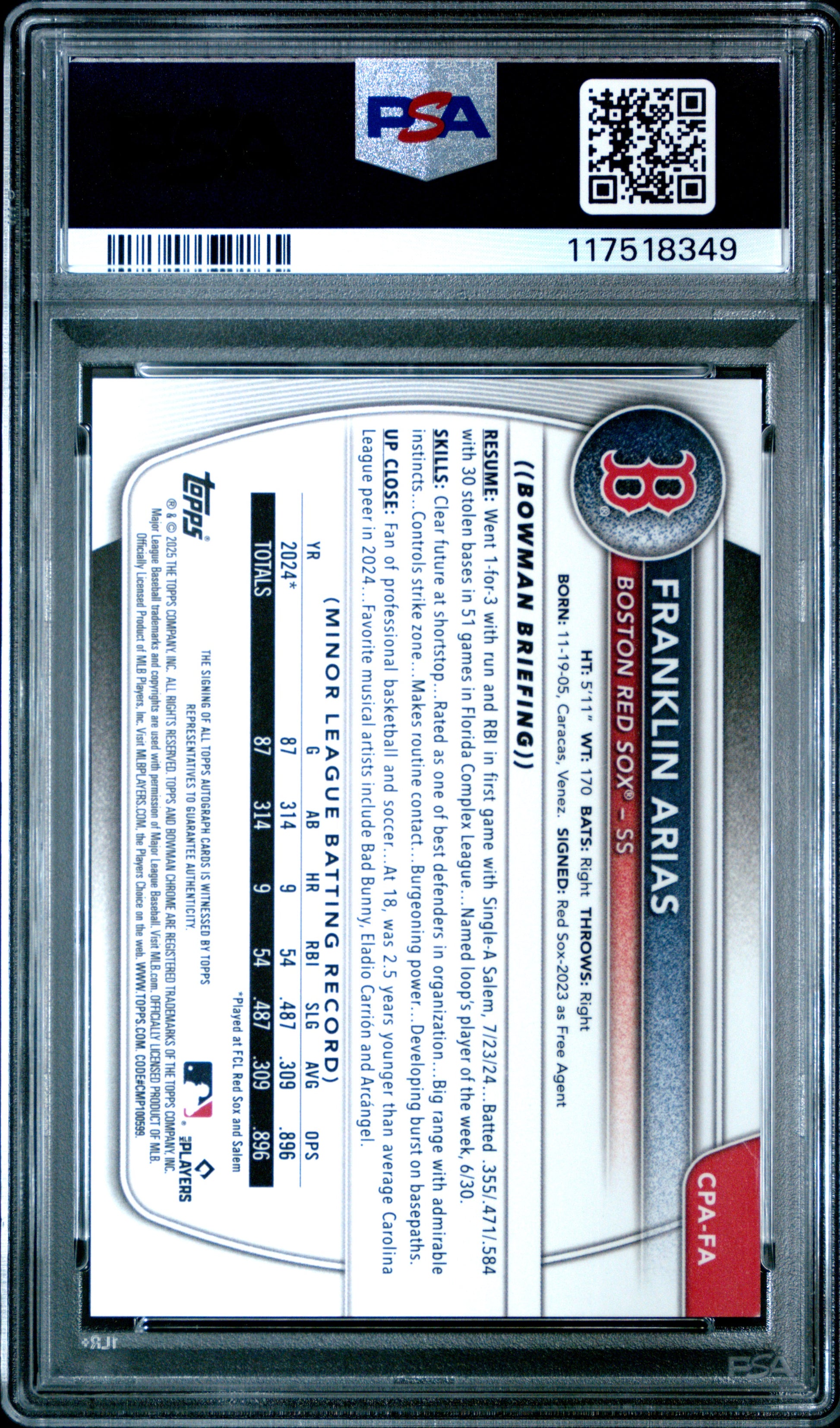 Franklin Arias 2025 Bowman Green Shimmer Auto #62/99 PSA 9 Mint