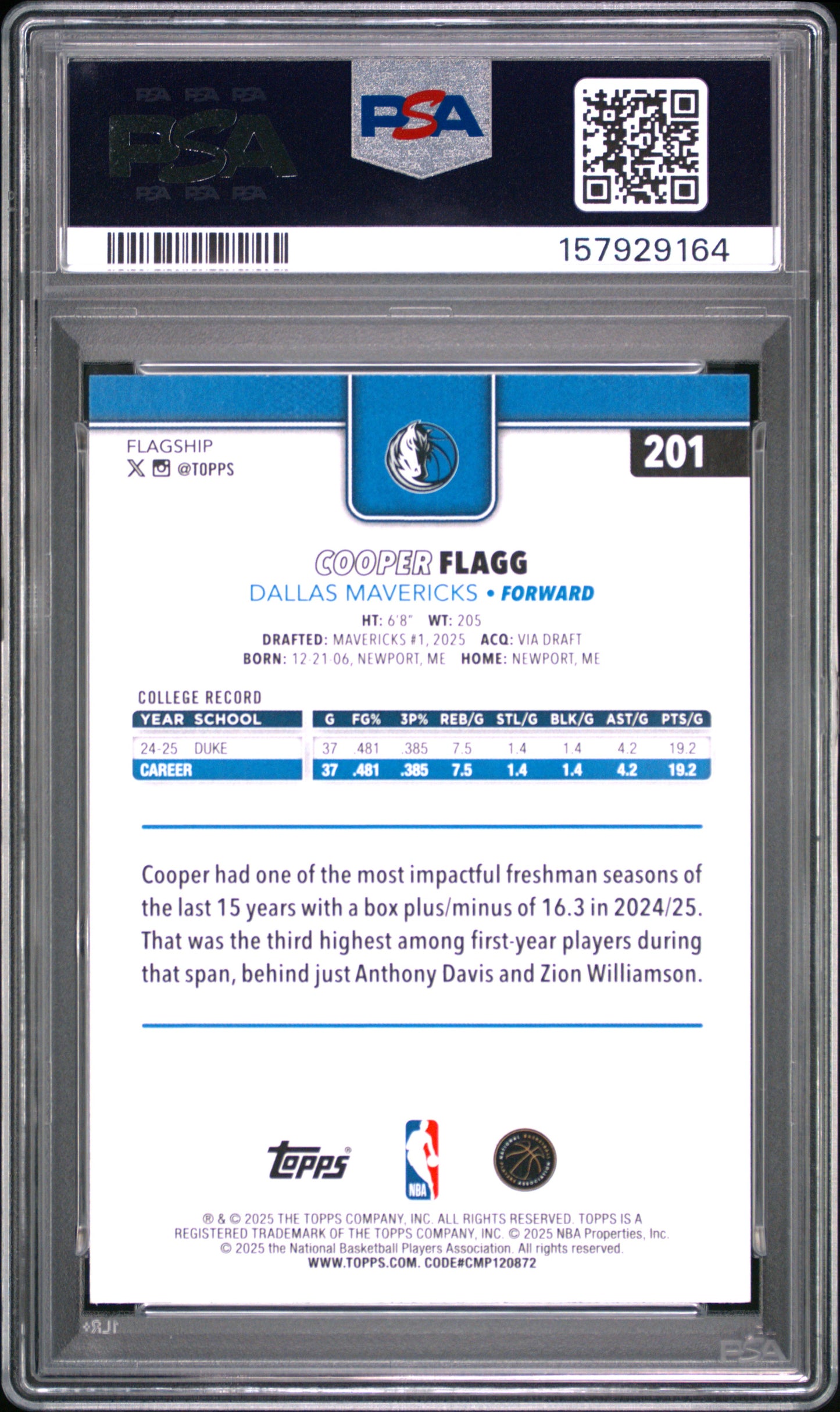 Cooper Flagg 2025 Topps Rookie #201 PSA 10 Gem Mint 9164