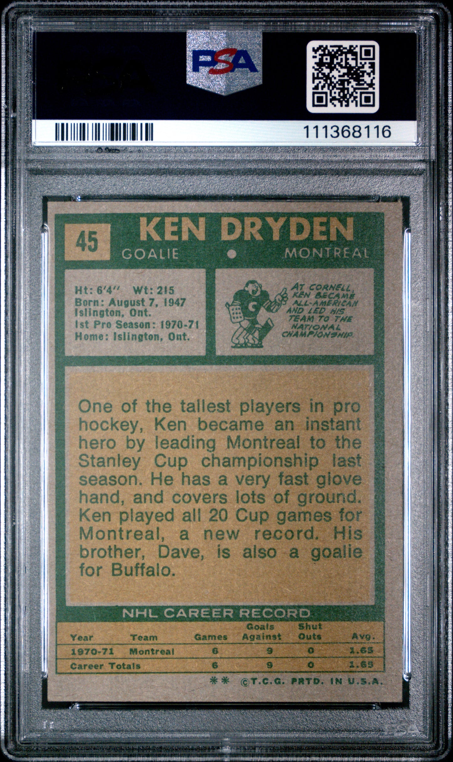 Ken Dryden 1971 Topps Rookie #45 PSA 6 Ex-Mt 8116