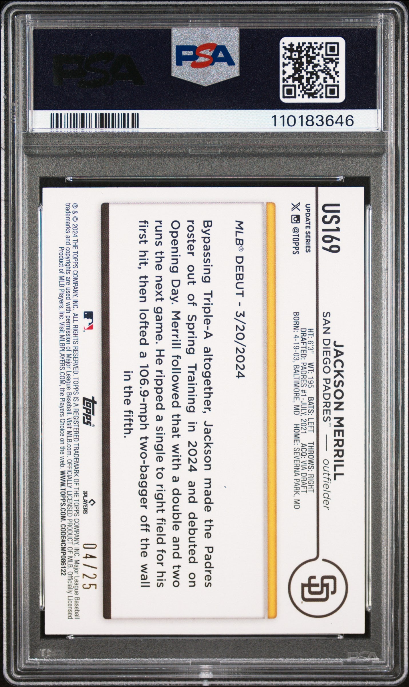 Jackson Merrill 2024 Topps Update #US169 Memorial Day Camo #4/25 PSA 9 Mint