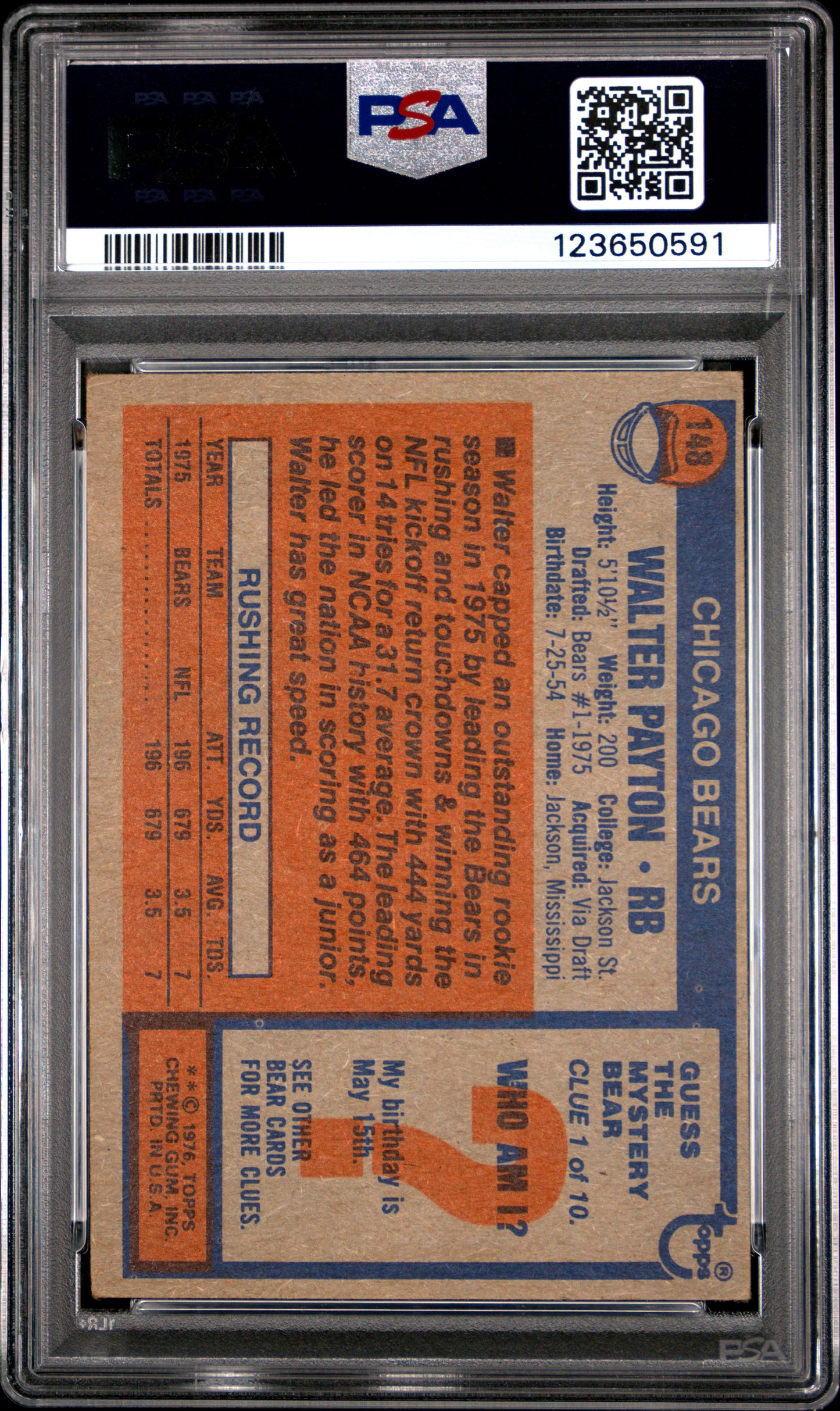 Walter Payton 1976 Topps #148 Rookie PSA 3 Very Good 0591