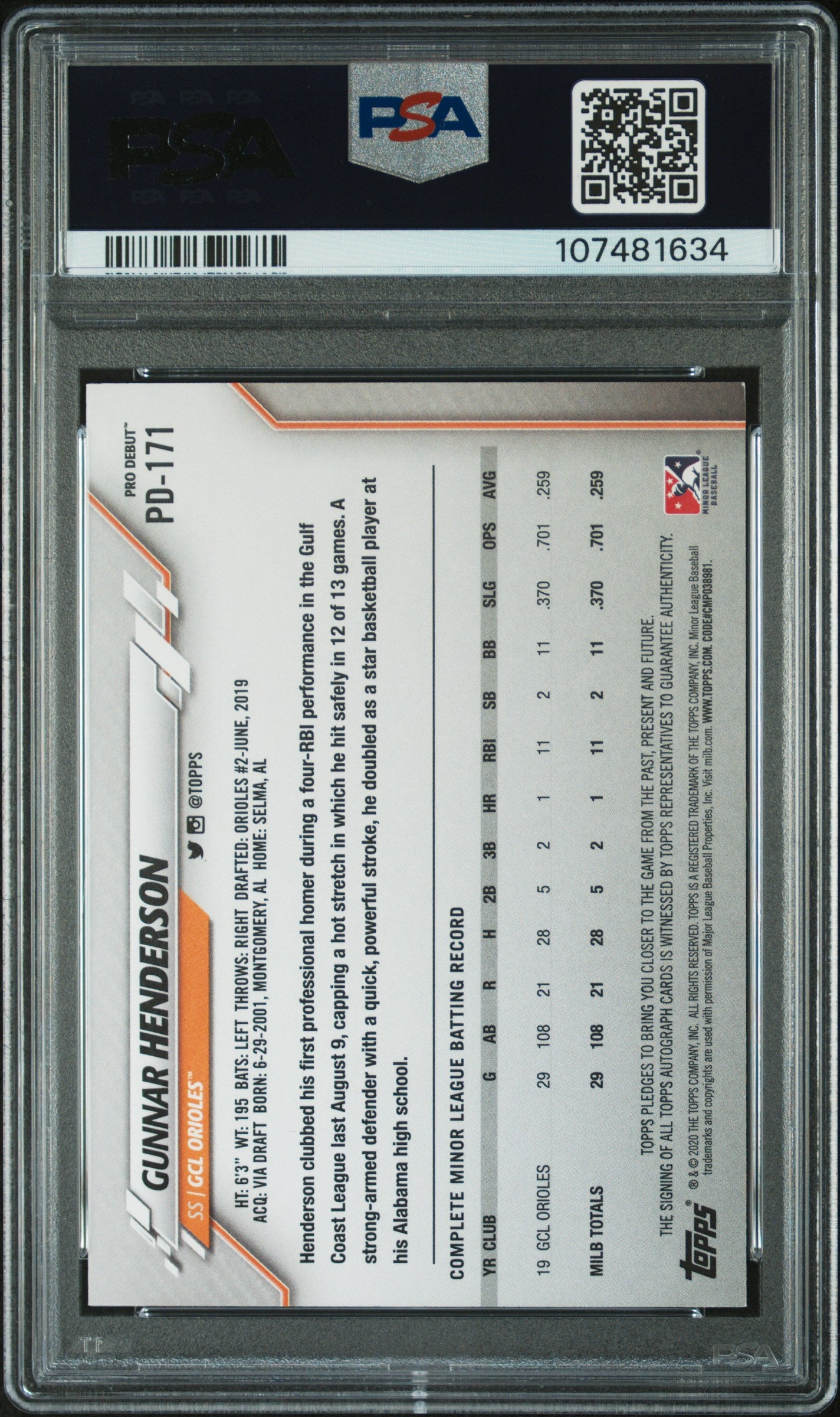 Gunnar Henderson 2020 Topps Pro Debut Autograph PSA 9 Auto 10
