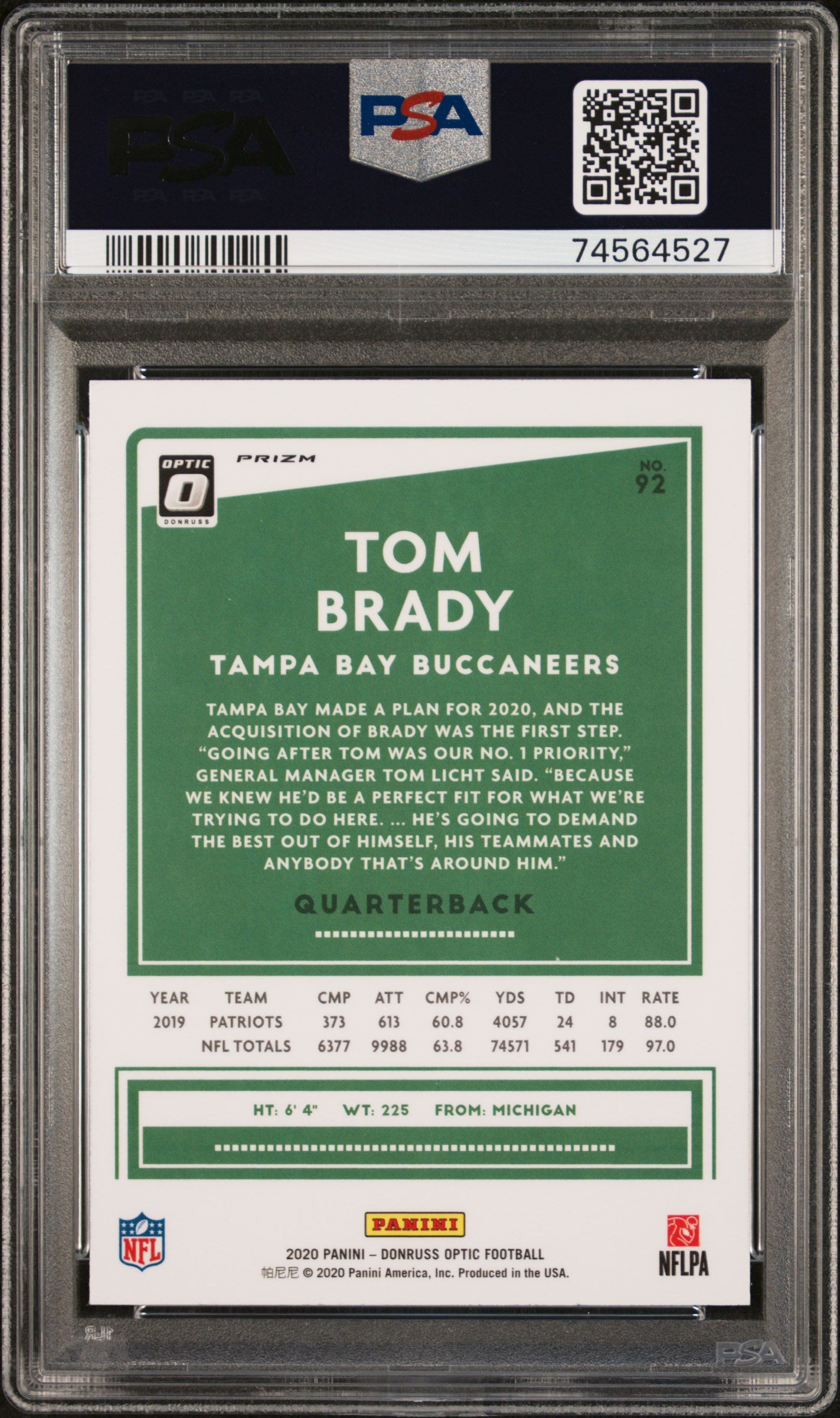 Tom Brady 2020 Donruss Optic #92 Holo PSA 10 Gem Mint