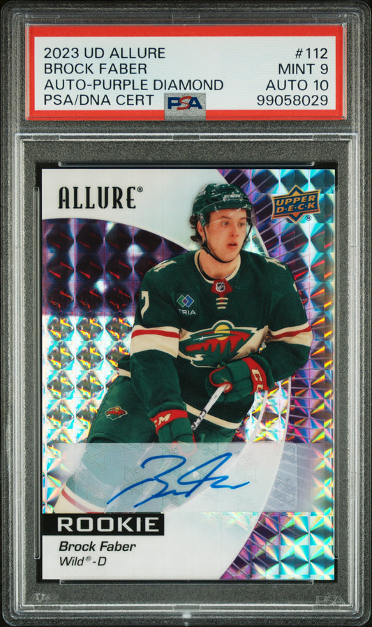 Brock Faber 2023 Upper Deck Allure Purple Diamond Auto #10/10 PSA 9 Auto 10