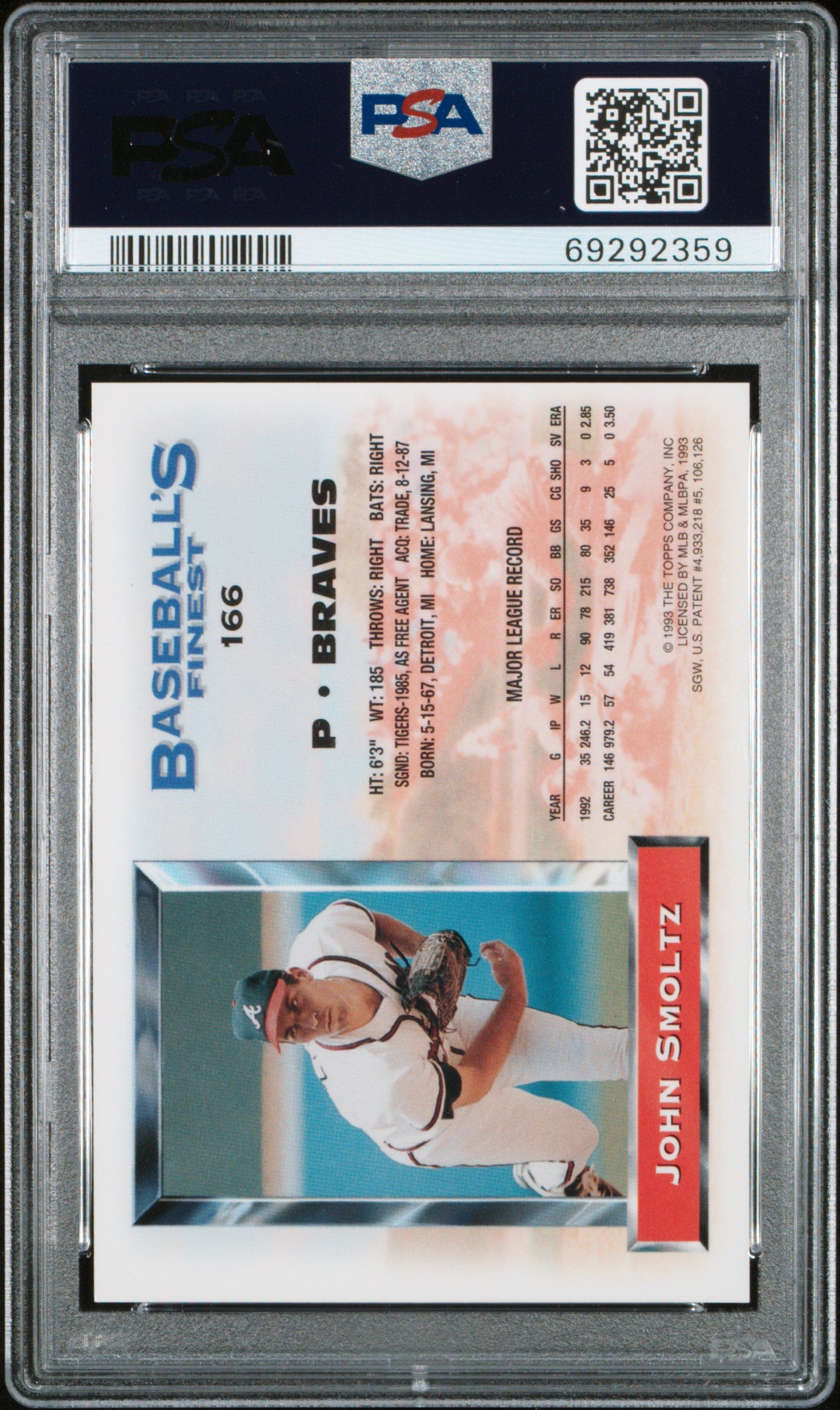 John Smoltz 1993 Topps Finest Refractor #166 PSA 8 Nm-Mint