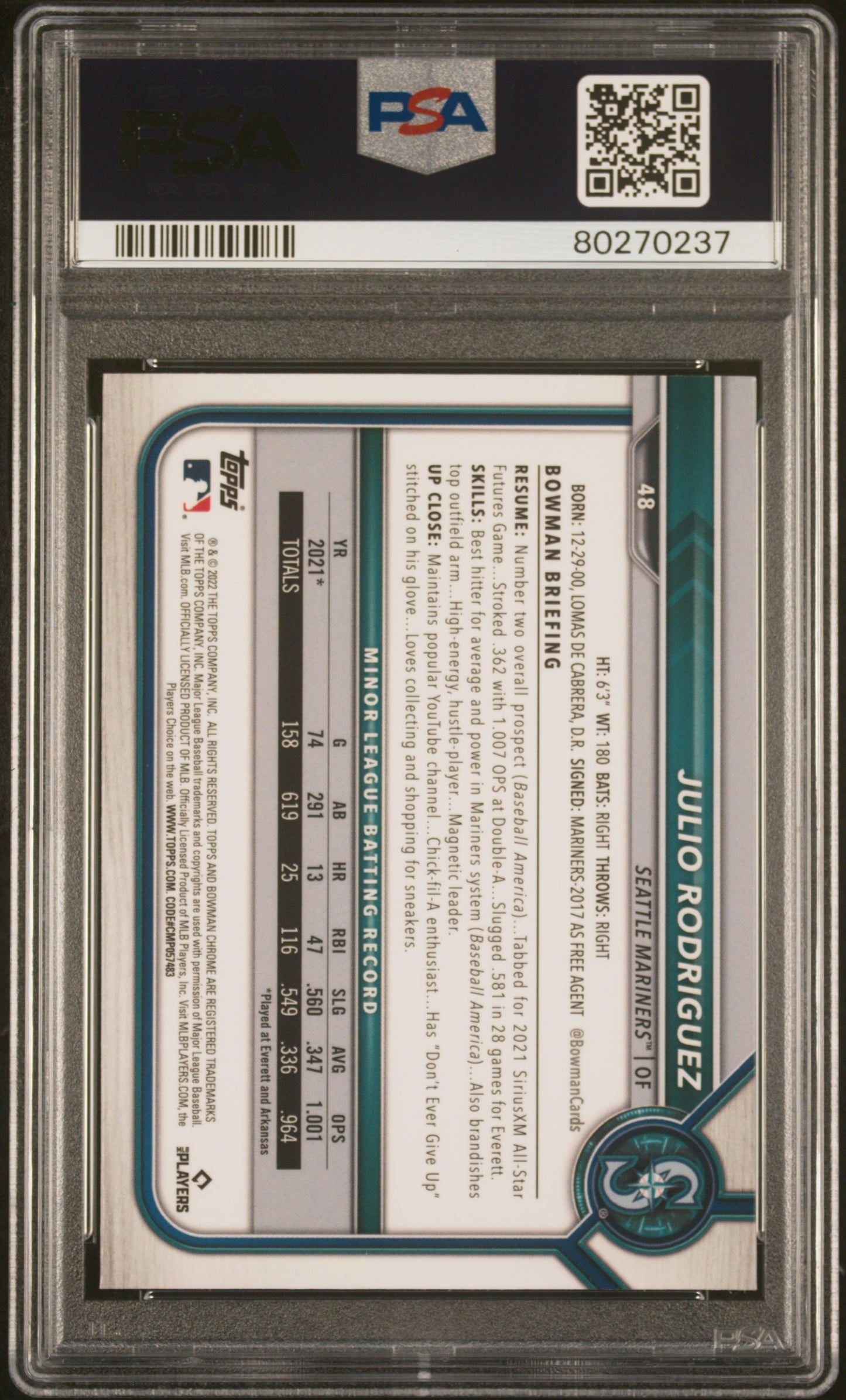 Julio Rodriguez 2022 Bowman Chrome Sapphire #48 PSA 10 Gem Mint