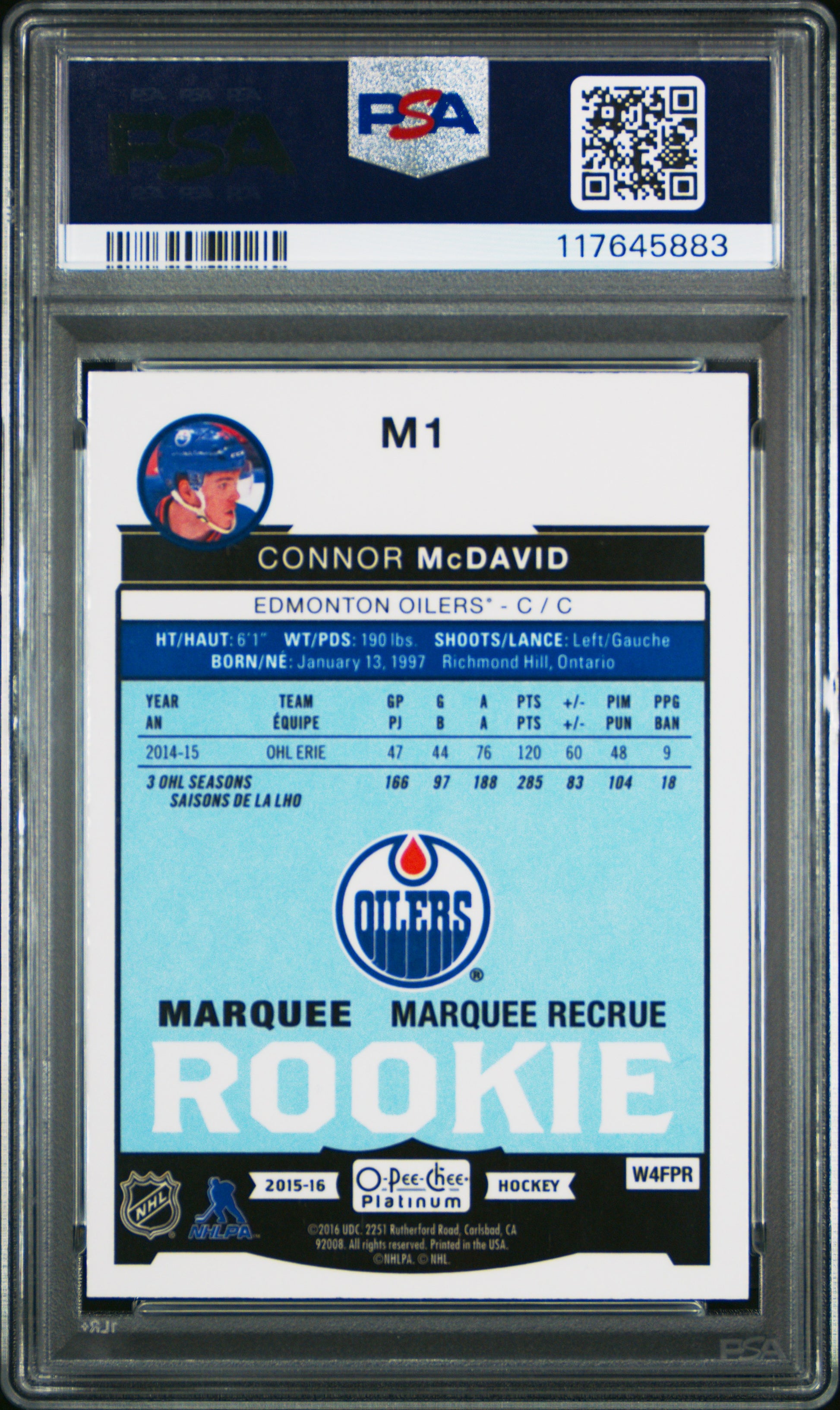 Connor McDavid 2015 OPC Platinum Rookie #M1 PSA 9 Mint