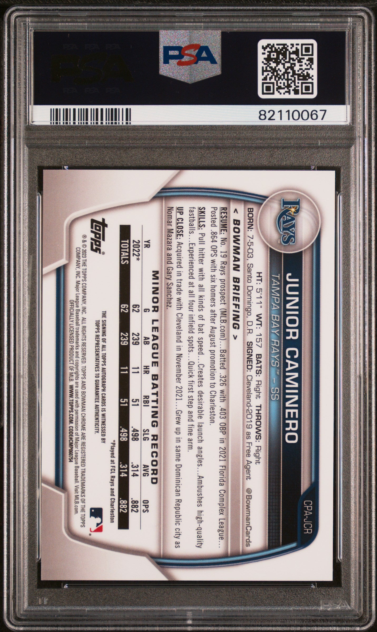 Junior Caminero 2023 Bowman Chrome Auto PSA 10 Gem Mint