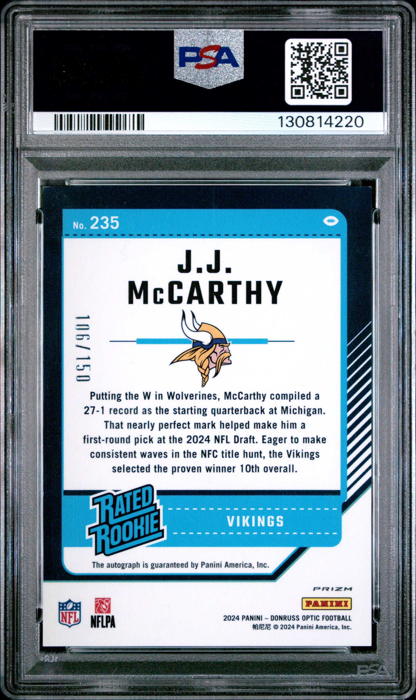 J.J. McCarthy 2024 Donruss Optic Rookie Holo Autograph #106/150 PSA 9 Mint