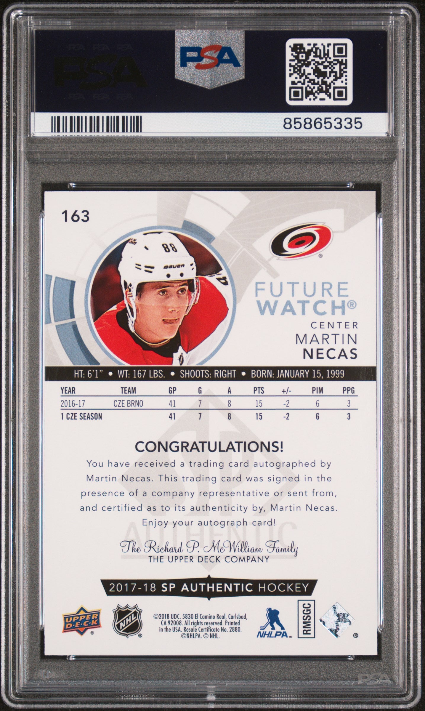 Martin Necas 2017 SP Authentic Auto 263/999 PSA 10 Auto 10