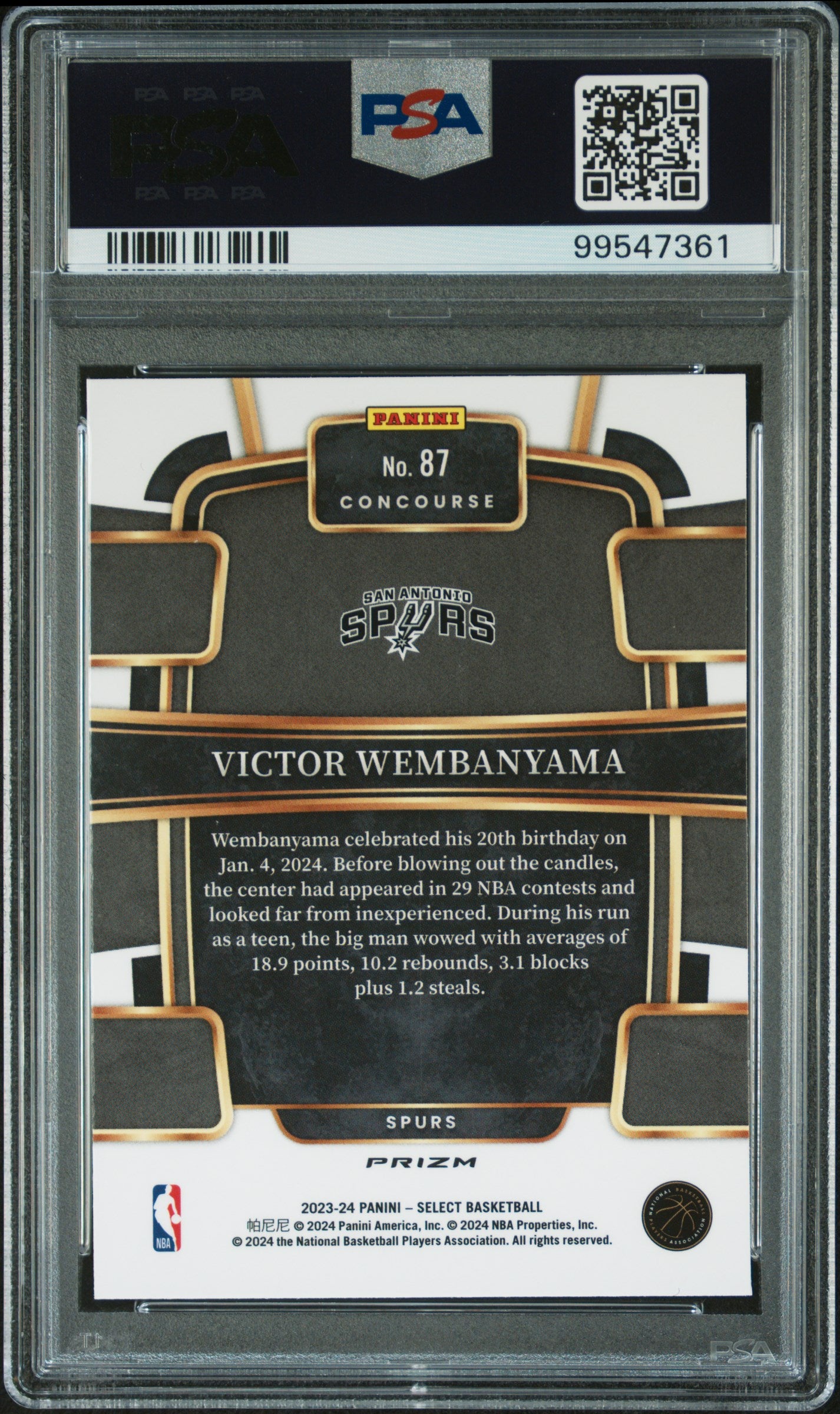 Victor Wembanyama 2023 Panini Select Rookie #87 Orange Flash PSA 10 Gem Mint
