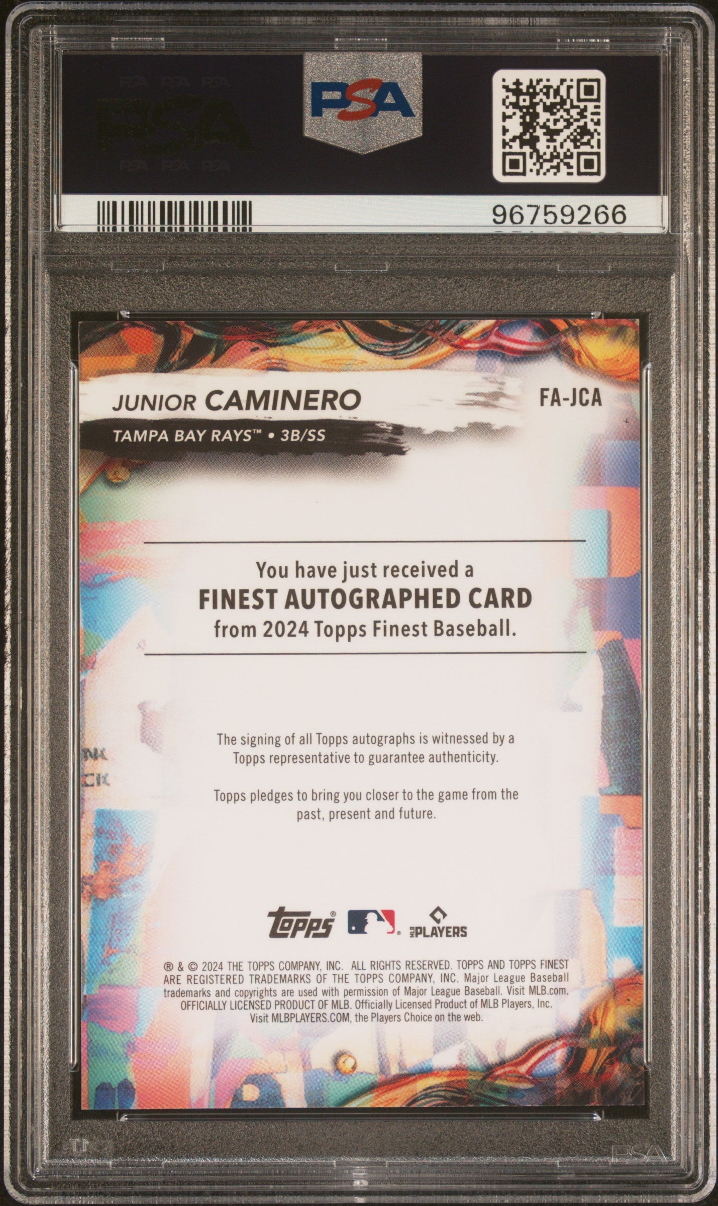Junior Caminero 2024 Topps Finest Orange Refractor Auto Rookie #23/25 PSA 10 Auto 10