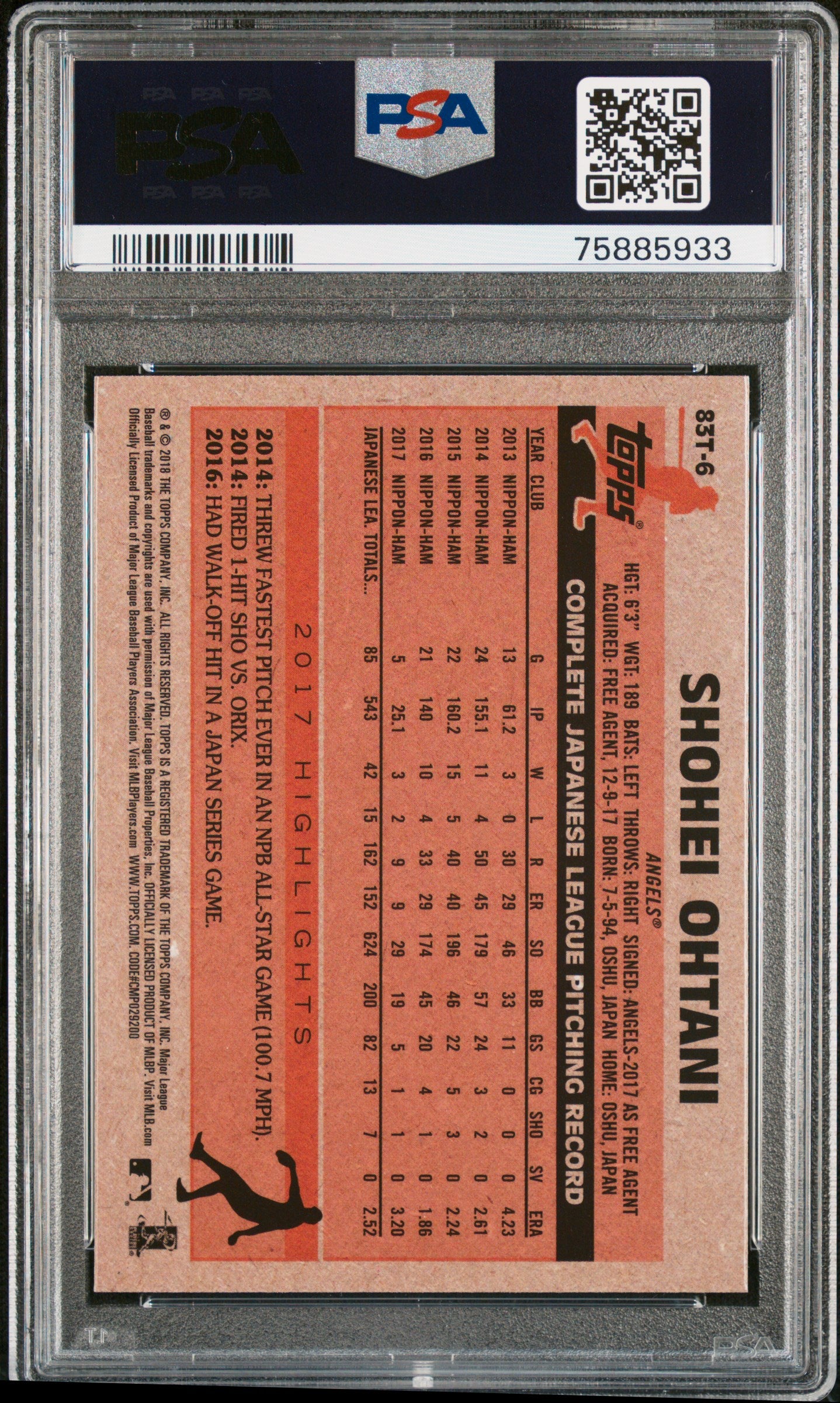 Shohei Ohtani 2018 Topps Chrome 1983 Topps Rookie PSA 10 Gem Mint 5933