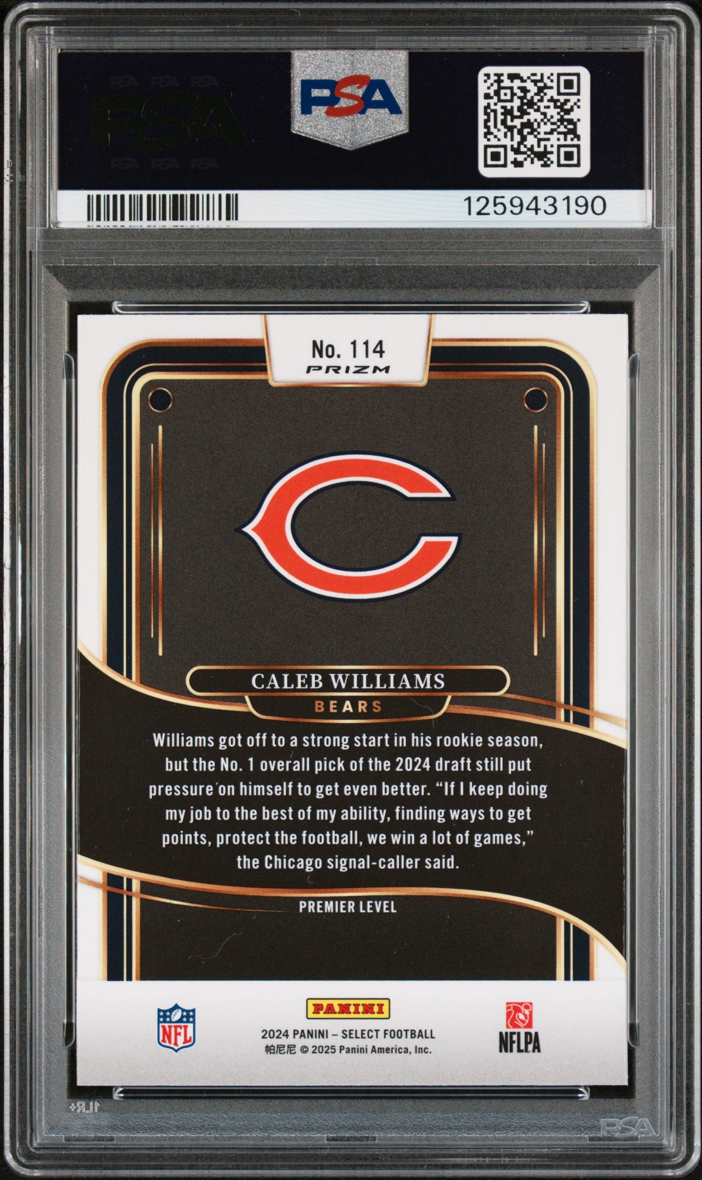 Caleb Williams 2024 Panini Select Rookie #114 Zebra Shock PSA 9 Mint