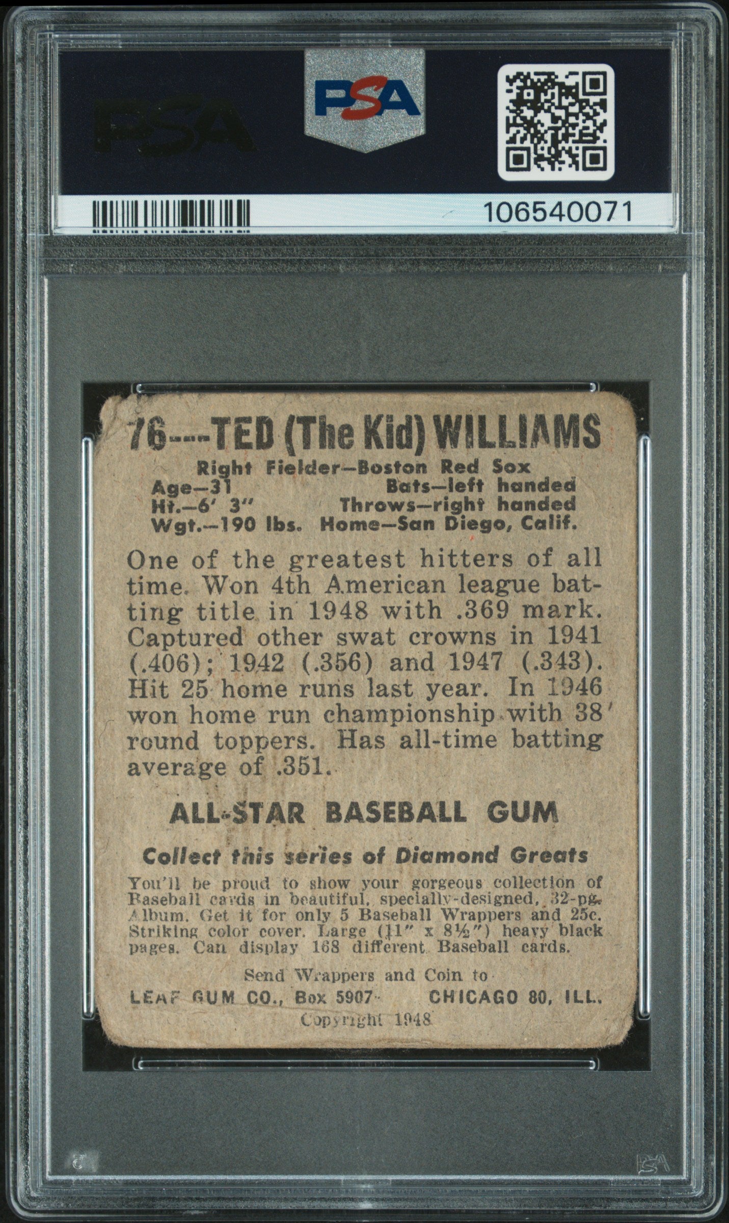 Ted Williams 1948 Leaf #76 PSA 1 Poor