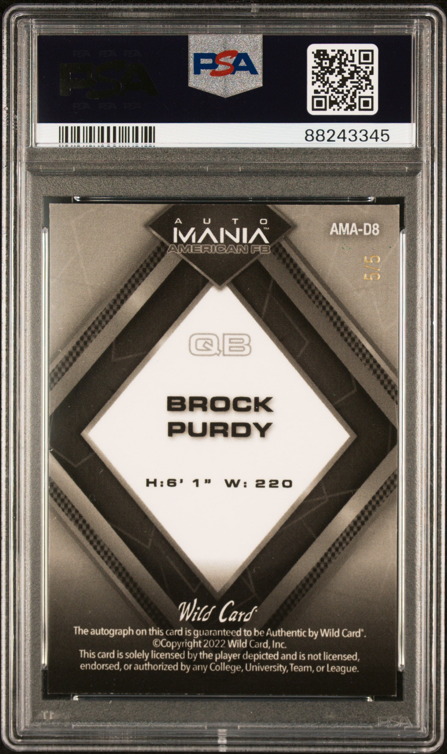 Brock Purdy 2022 Wild Card Auto Mania Rookie Auto #5/5 PSA 8 Auto 10