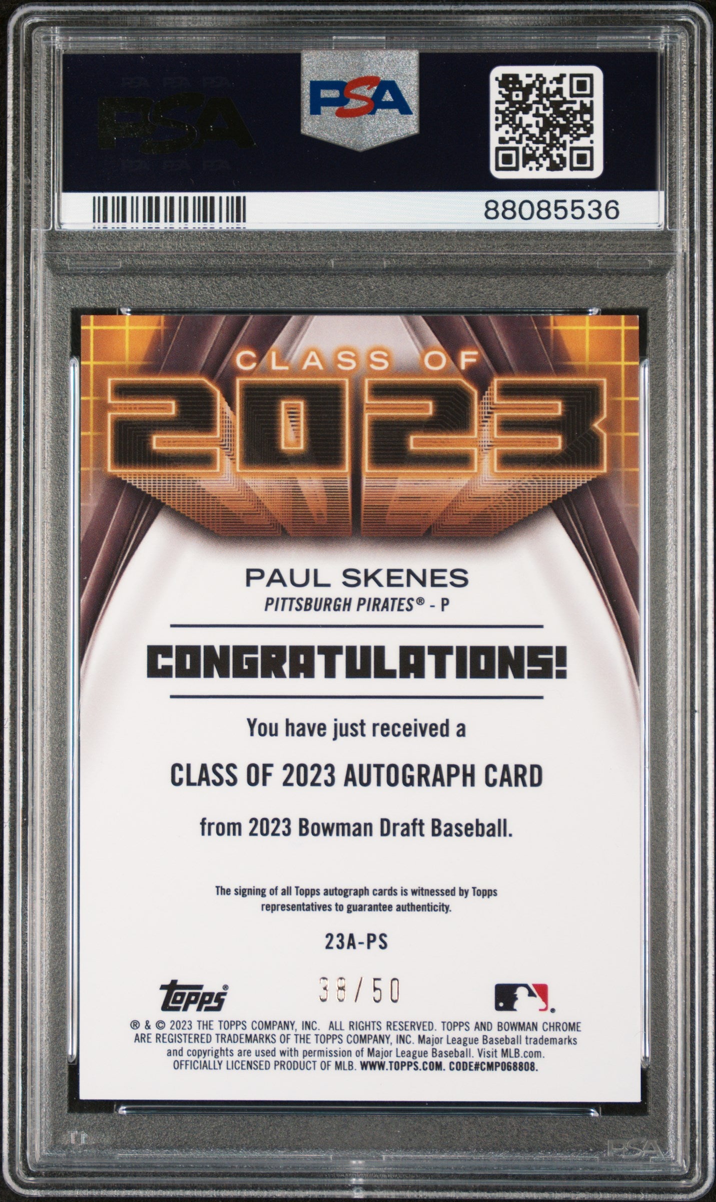 Paul Skenes 2023 Bowman Draft Class of 2023 Gold Auto #38/50 PSA 9 Mint