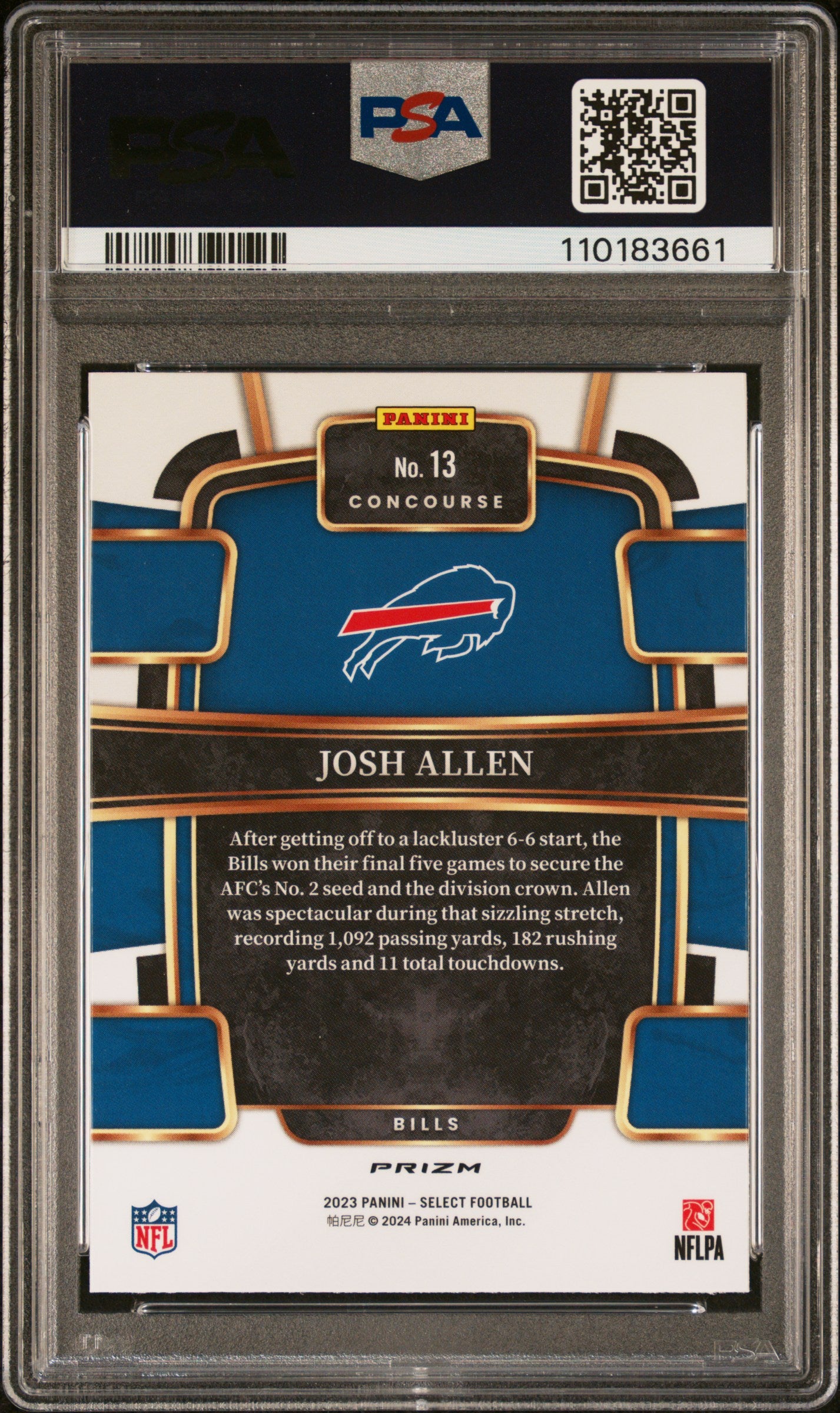 Josh Allen 2023 Panini Select #13 Tiger Prizm PSA 10 Gem Mint