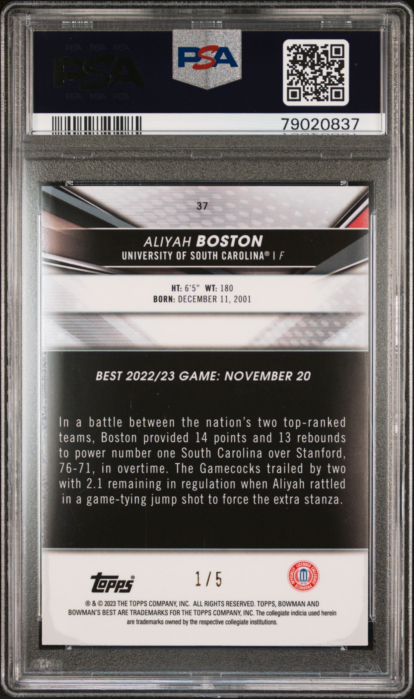 Aliyah Boston 2022 Bowman Best University Red Lava Refractor #1/5 PSA 9 Mint