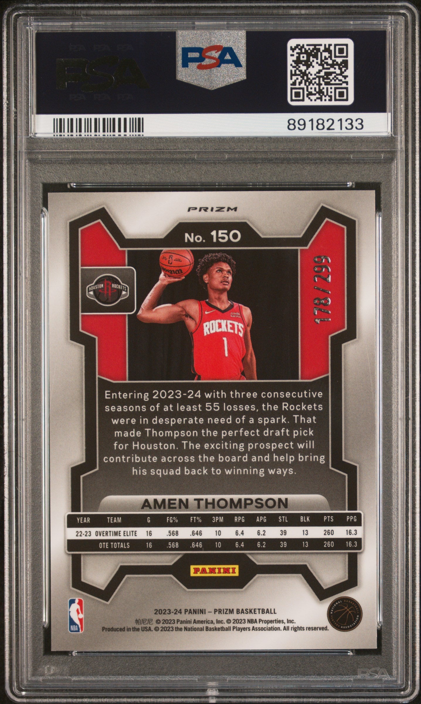 Amen Thompson 2023 Panini Prizm #150 Red Seismic #178/299 PSA 10 Gem Mint