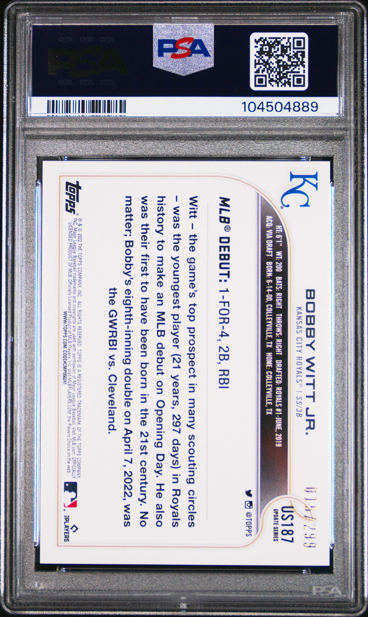 Bobby Witt Jr. 2022 Topps Update #US187 Orange Foil #15/299 PSA 10 Gem Mint