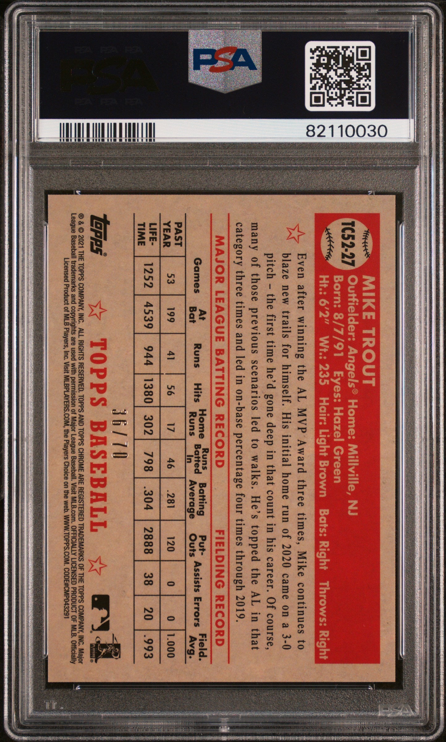 Mike Trout 2021 Topps 1952 Topps Chrome Red Refractor #36/70 PSA 10 Gem Mint