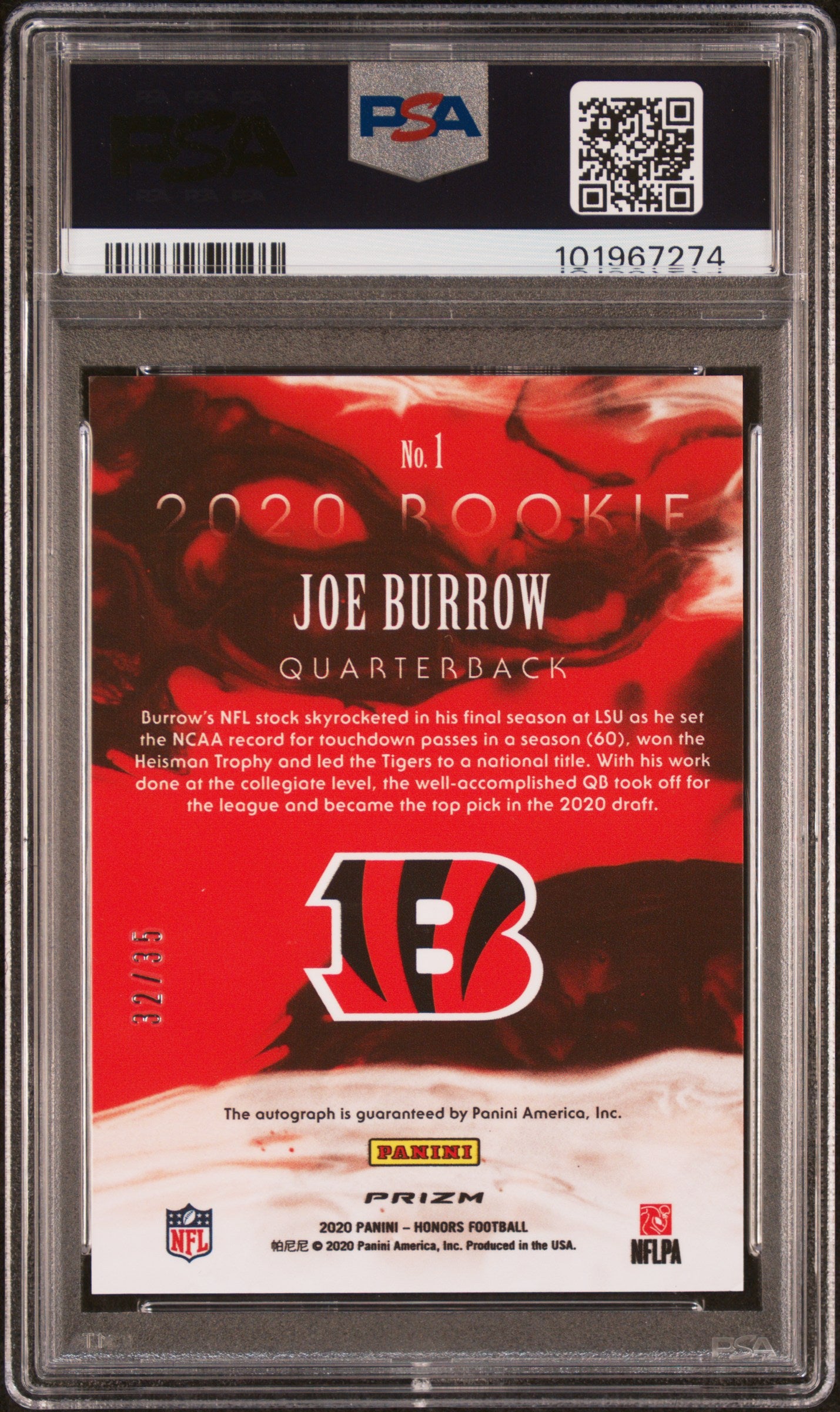 Joe Burrow 2020 Panini Honors 2002 Rookies Green Auto #32/35 PSA 9 Auto 10