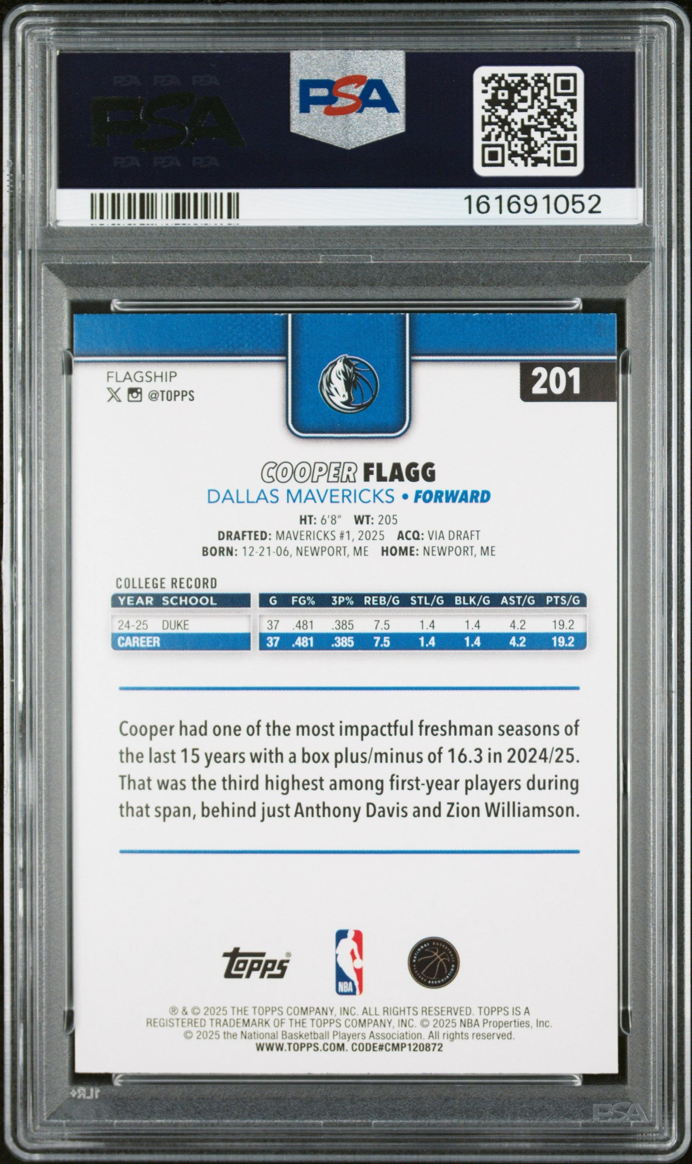 Cooper Flagg 2025 Topps Rookie #201 Diamante PSA 9 Mint 1052