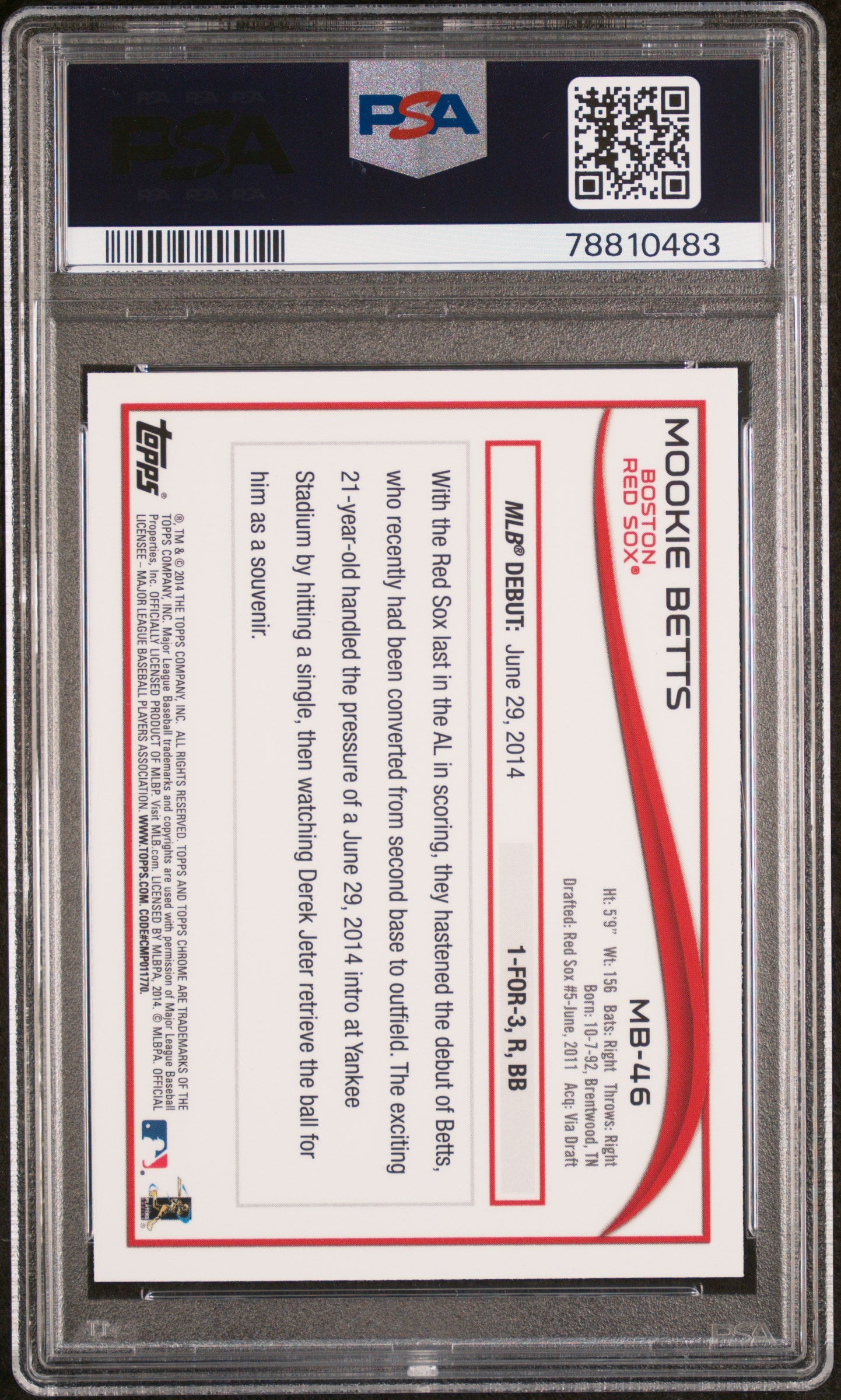 Mookie Betts 2014 Topps Chrome Update #MB-46 PSA 10 Gem Mint